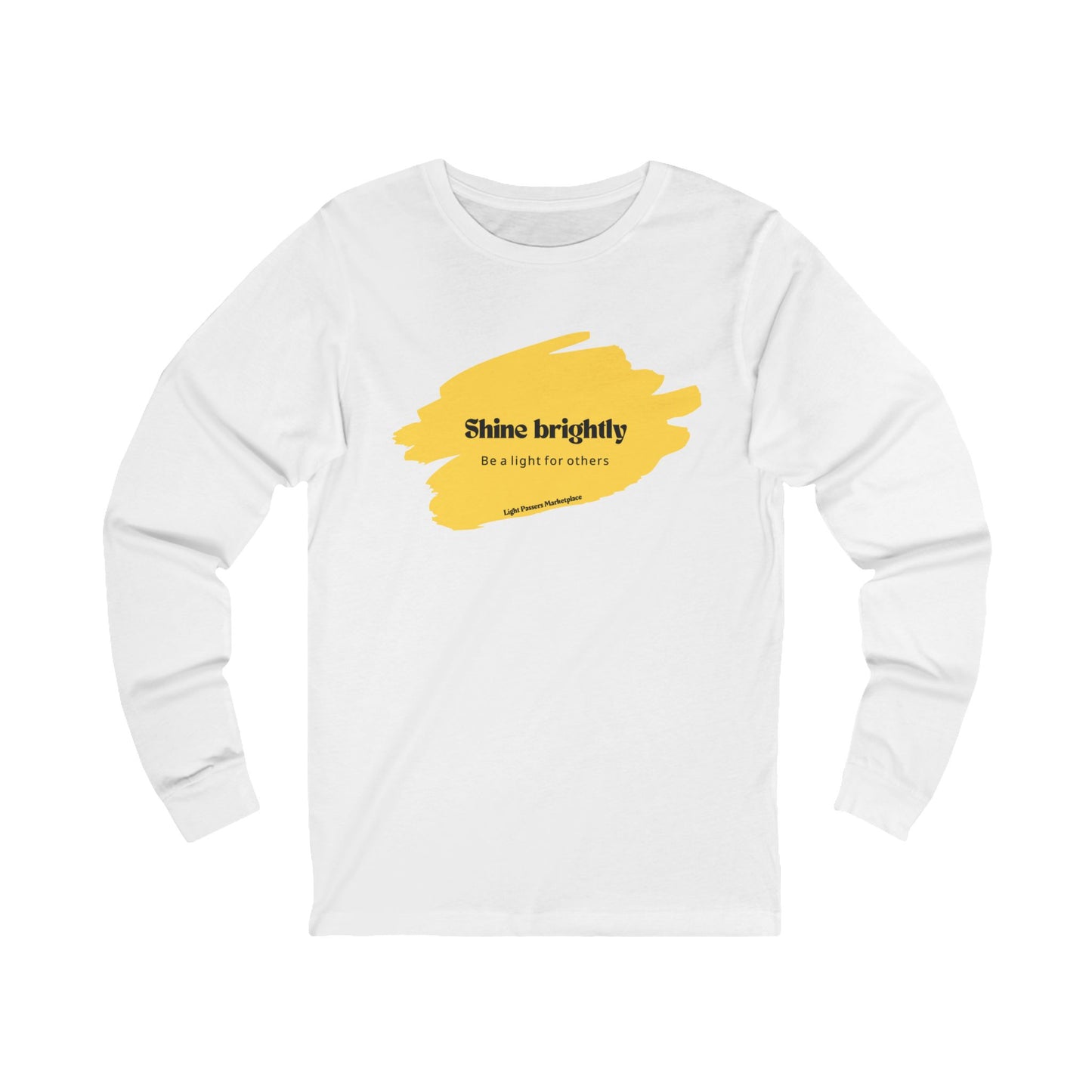 The Light Adult Unisex Long Sleeve Tee with yellow paint splash, promoting positivity with side seams and ribbed collar for structure.