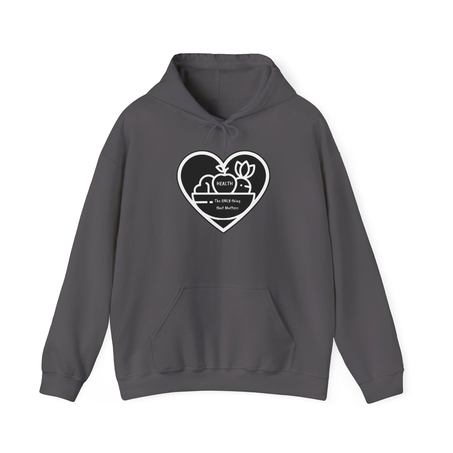 Health Happy Foods Fruit Basket Adult Unisex Hoodie, featuring a grey sweatshirt with heart design, spacious kangaroo pocket, and matching drawstring for stylish comfort.