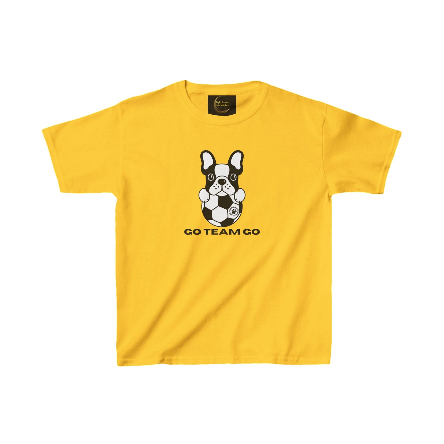 Soccer Dog Go Team Go Youth T-shirt featuring a playful dog with a soccer ball, perfect for young fans. Made from soft, midweight US cotton.
