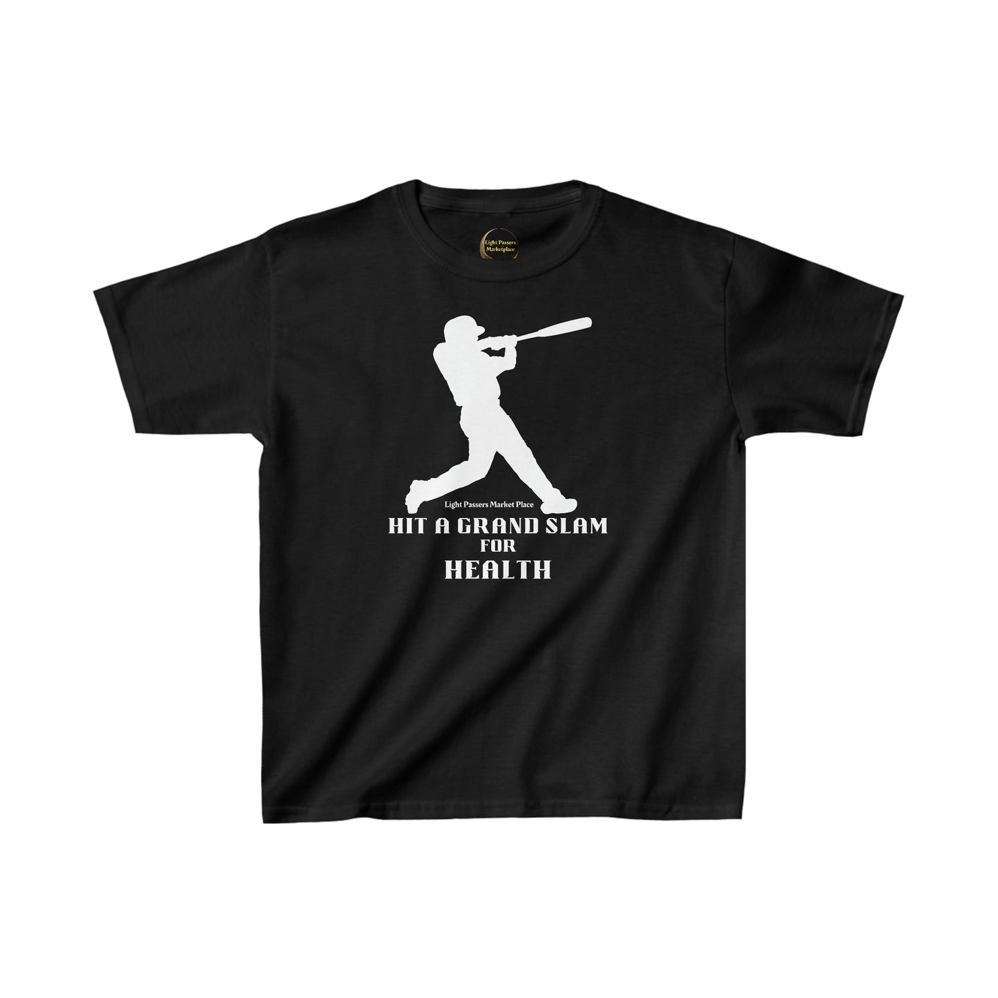 Youth black cotton tee with baseball player graphic, ideal for everyday wear. Made of 100% US cotton, featuring twill tape shoulders and ribbed collar for durability. Oeko-Tex certified for safety.
