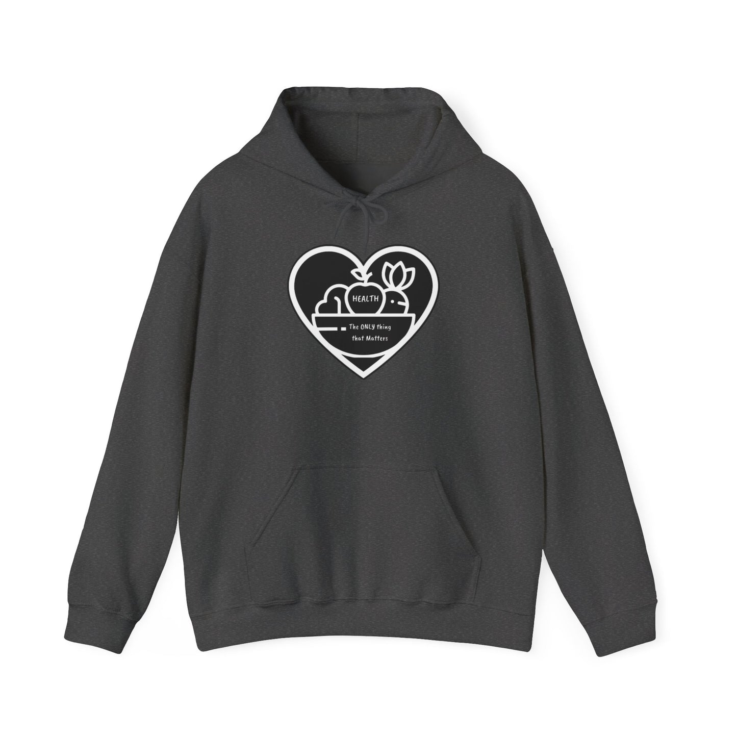 Health Happy Foods Fruit Basket Adult Unisex Hoodie featuring a heart design, made from a cozy cotton-polyester blend, with a kangaroo pocket and color-matched drawstring.