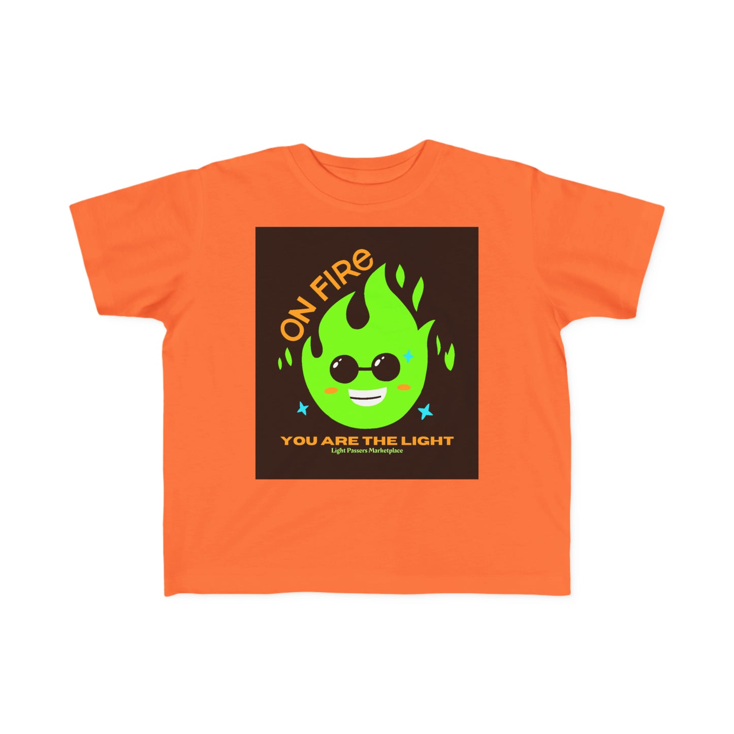 A toddler's tee featuring a cartoon character with sunglasses and a green flame design. Made of 100% combed, ring-spun cotton for softness and durability. Perfect for little adventurers.
