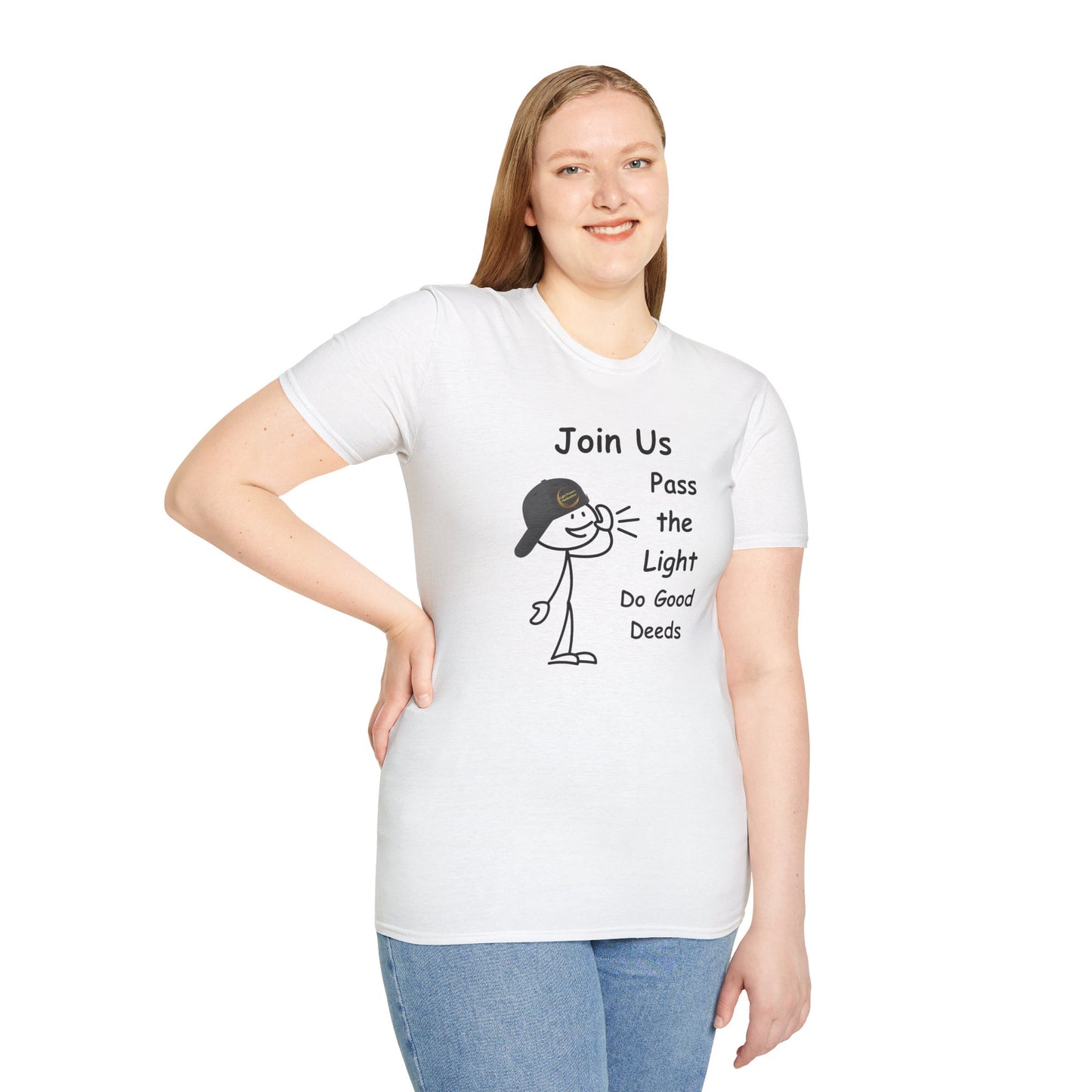 A woman in a white shirt poses with a stick figure wearing a hat. Close-up of jeans and a cartoon character on a white shirt. Join Us Do Good Deeds Unisex T-Shirt features soft cotton, twill tape shoulders, and ribbed collar.