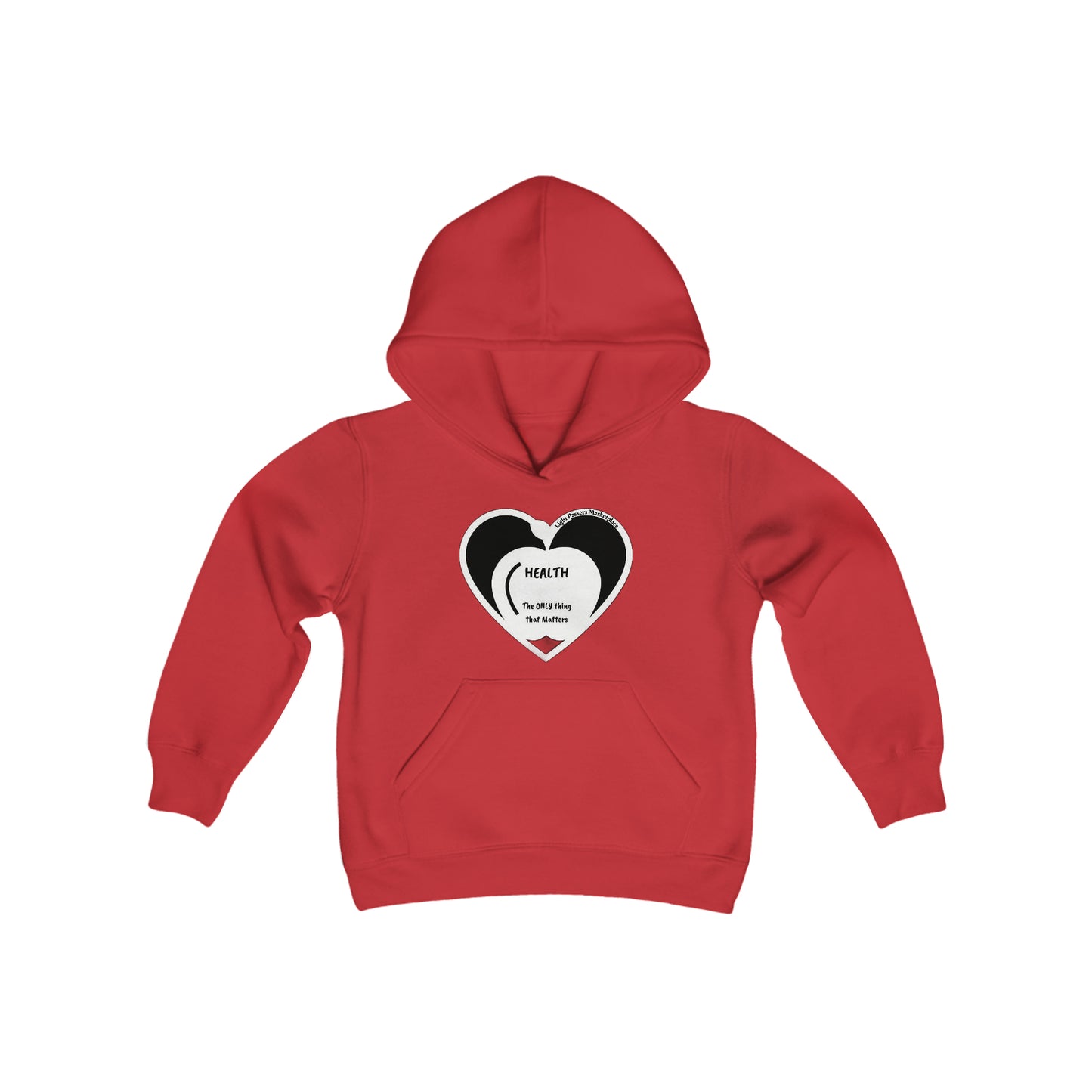 Youth red hoodie with heart design, kangaroo pocket, and twill taping. 50% cotton, 50% polyester blend for comfort and print quality. Medium fabric weight, regular fit, and sewn-in label.