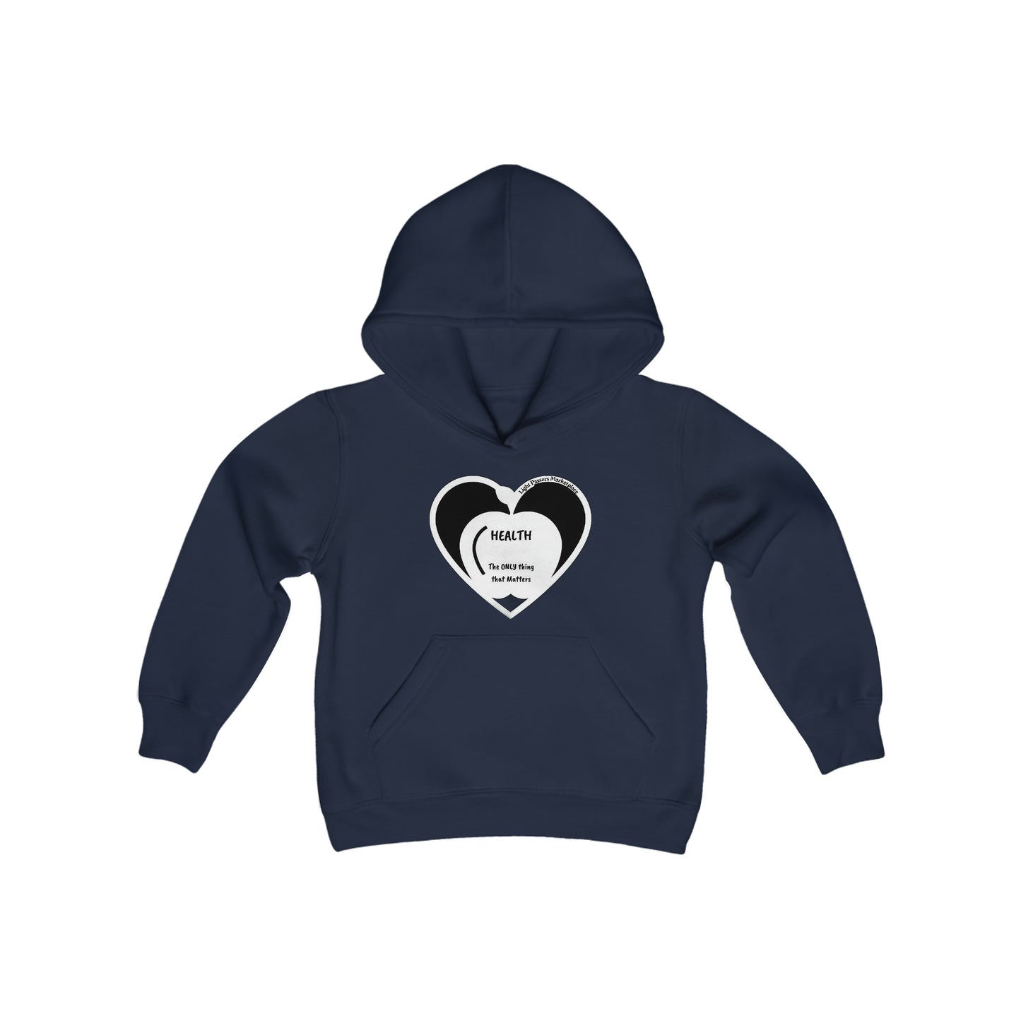 Youth blue hoodie with heart design, kangaroo pocket, and twill taping. 50% cotton, 50% polyester blend for comfort and durability. Ideal for printing.