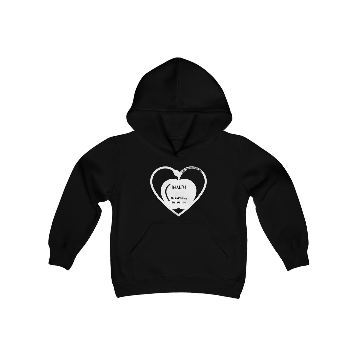 Youth blend hooded sweatshirt featuring a heart design, kangaroo pocket, and twill taping. Made of 50% cotton, 50% polyester for comfort and print quality.