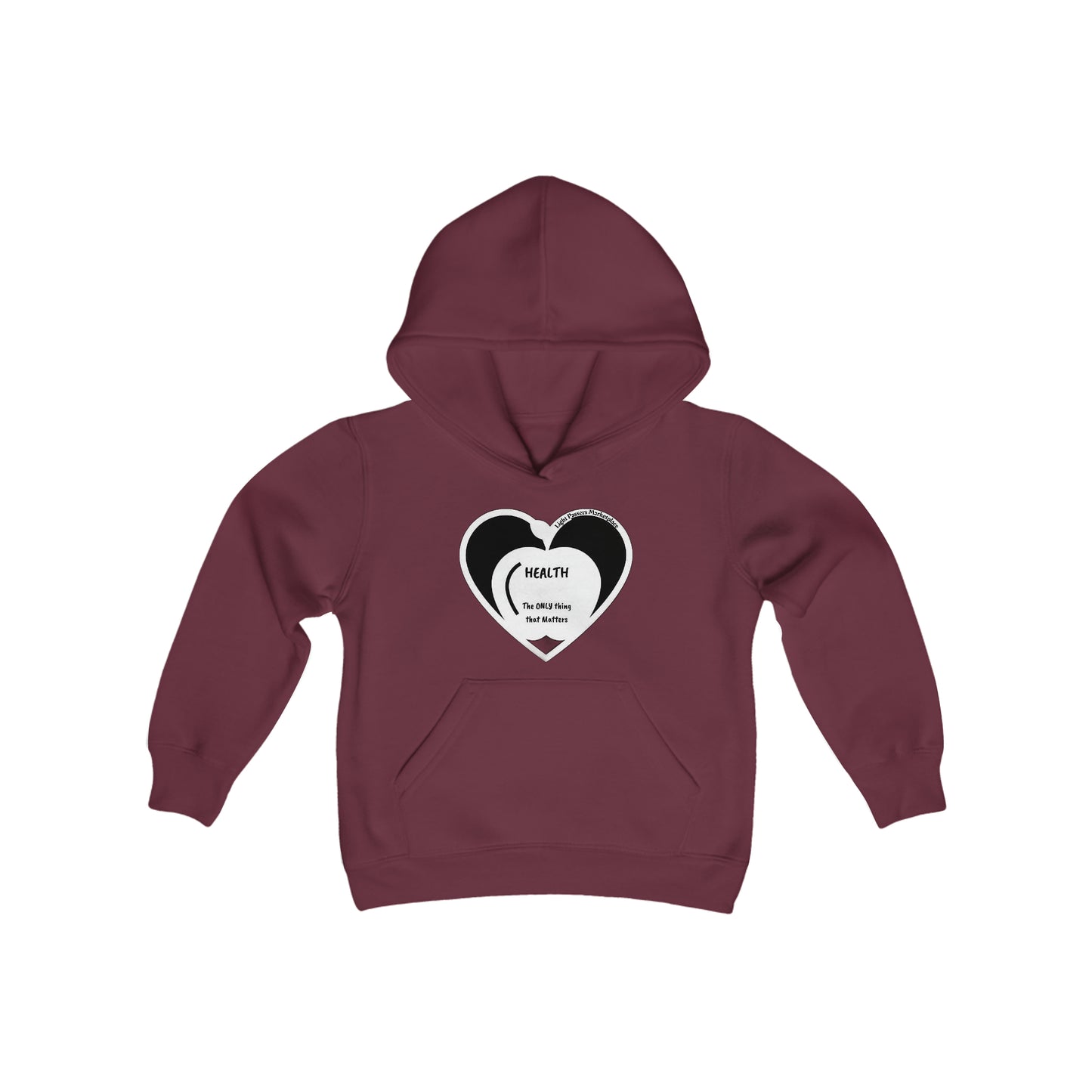 Youth blend maroon hoodie with heart design. Ultra-soft fleece, 50% cotton 50% polyester. Kangaroo pocket, twill taping, regular fit. Ideal for printing.