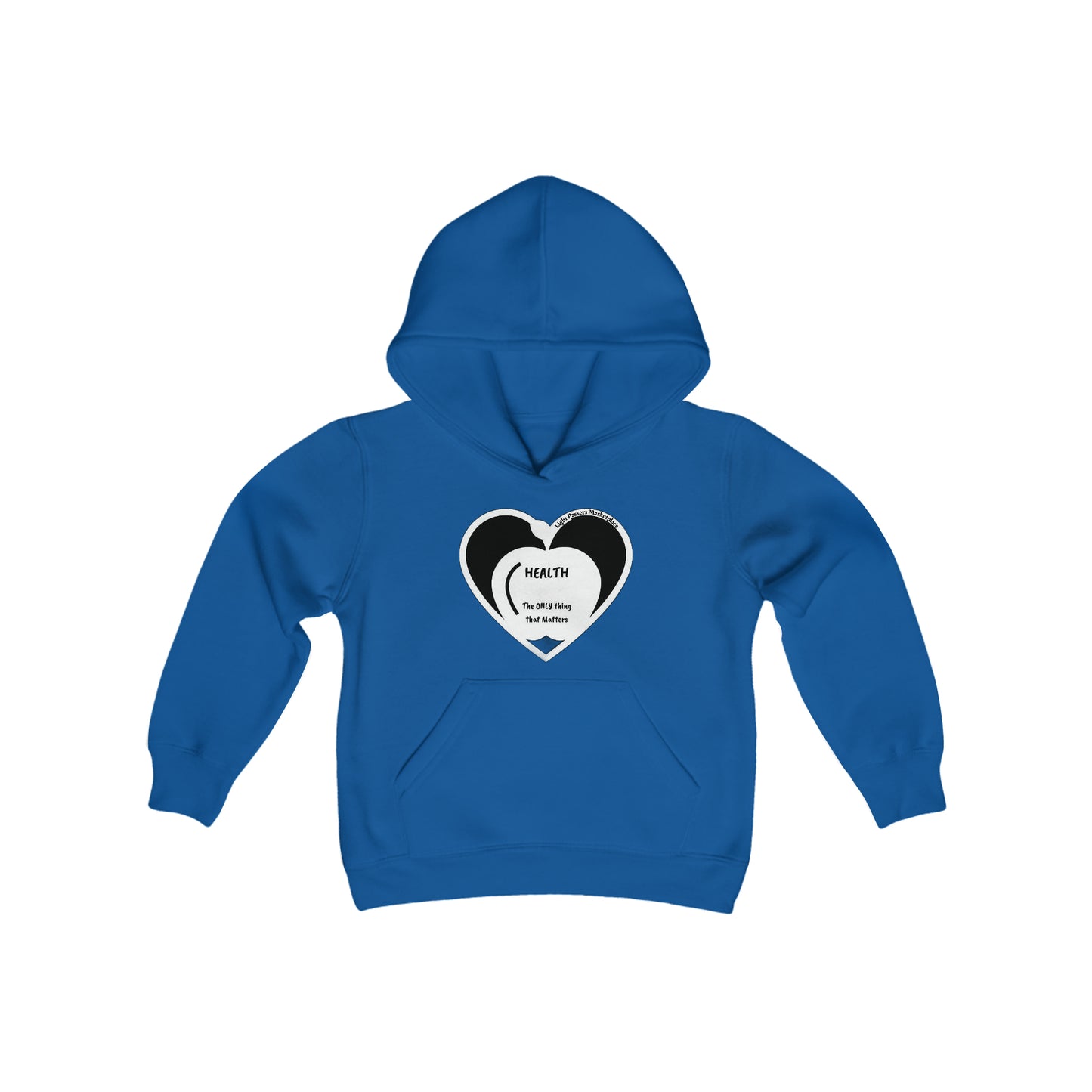 Youth blend hooded sweatshirt with heart graphic, kangaroo pocket, and twill taping. 50% cotton, 50% polyester, preshrunk fleece, 7.75 oz fabric weight. Ideal for printing.