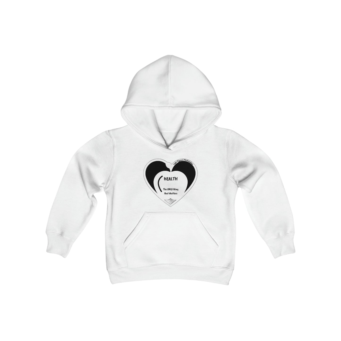 A white hoodie for youth featuring a heart logo, kangaroo pocket, and twill-taped neck. Made of soft, preshrunk fleece blend for comfort. Perfect for printing.