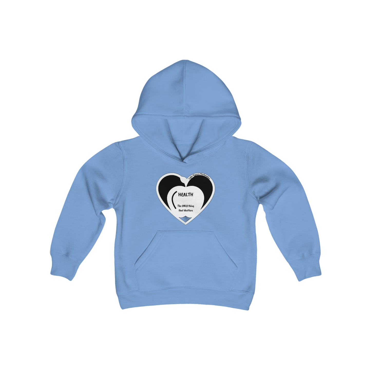 Youth Healthy Apple Hooded Sweatshirt with heart design, kangaroo pocket, and reinforced neck. Made of soft, preshrunk fleece (50% cotton, 50% polyester). Medium fabric, regular fit, true to size.