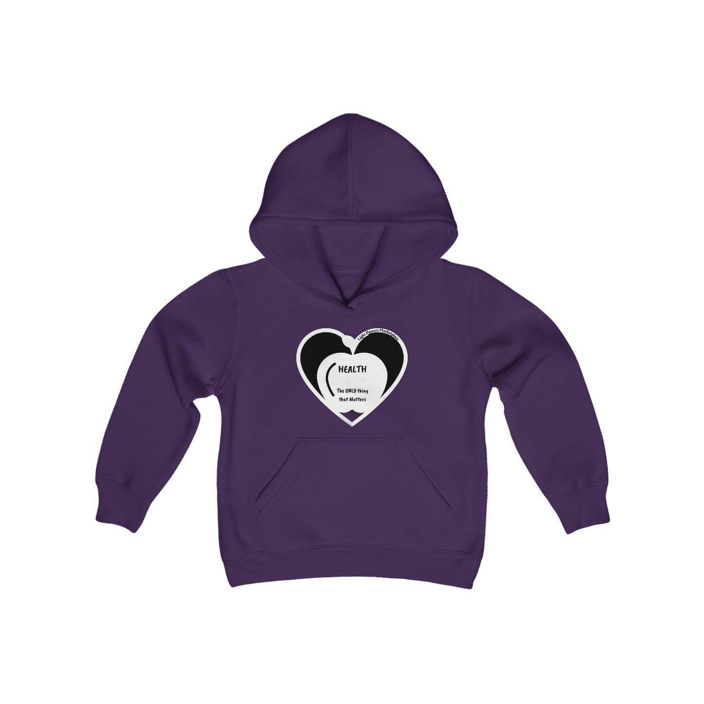 A purple hoodie with a heart design and kangaroo pocket, made of soft, preshrunk fleece. 50% cotton, 50% polyester blend for print quality. Youth size, reinforced neck, and regular fit.