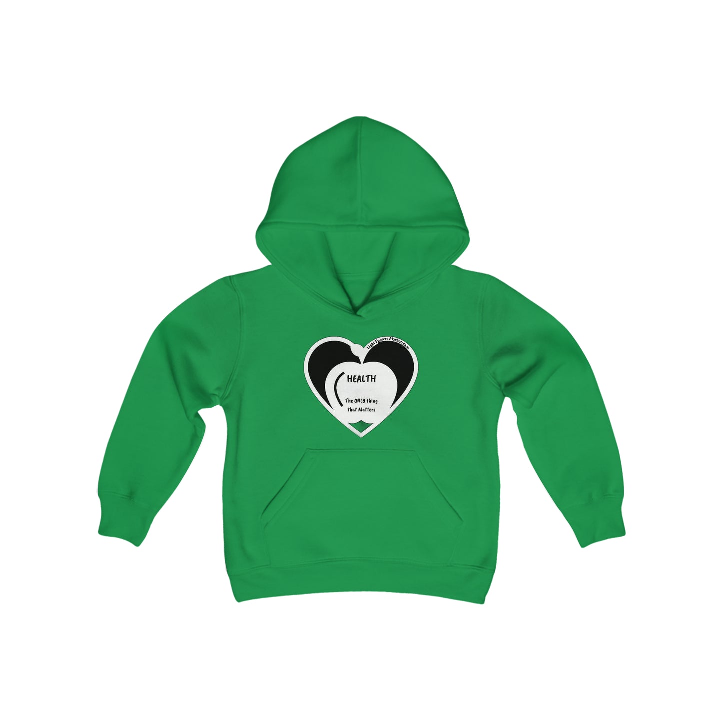 Youth blend hooded sweatshirt with a heart design, kangaroo pocket, and twill taping. 50% cotton, 50% polyester for comfort and print quality.