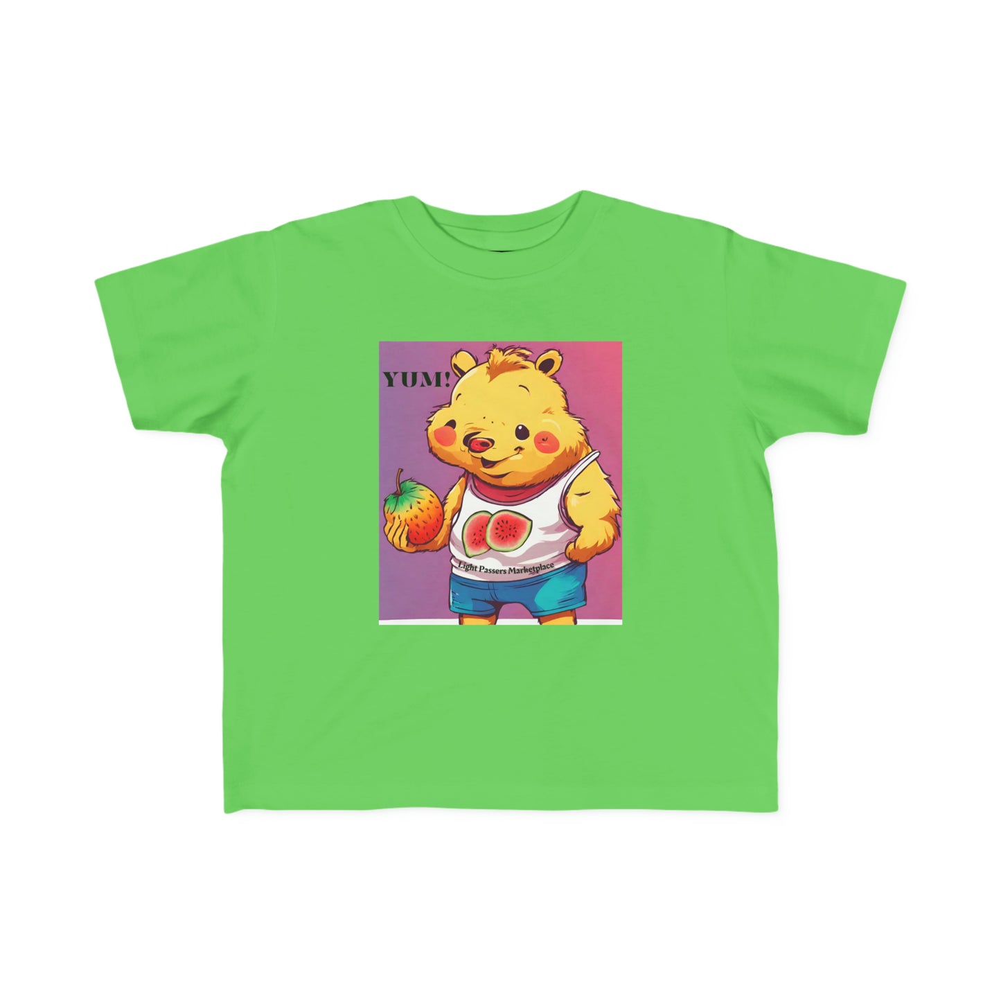 Yum Strawberries Toddler T-shirt featuring a green shirt with a cartoon bear holding a fruit. Soft 100% combed cotton, durable print, tear-away label, perfect for sensitive skin.