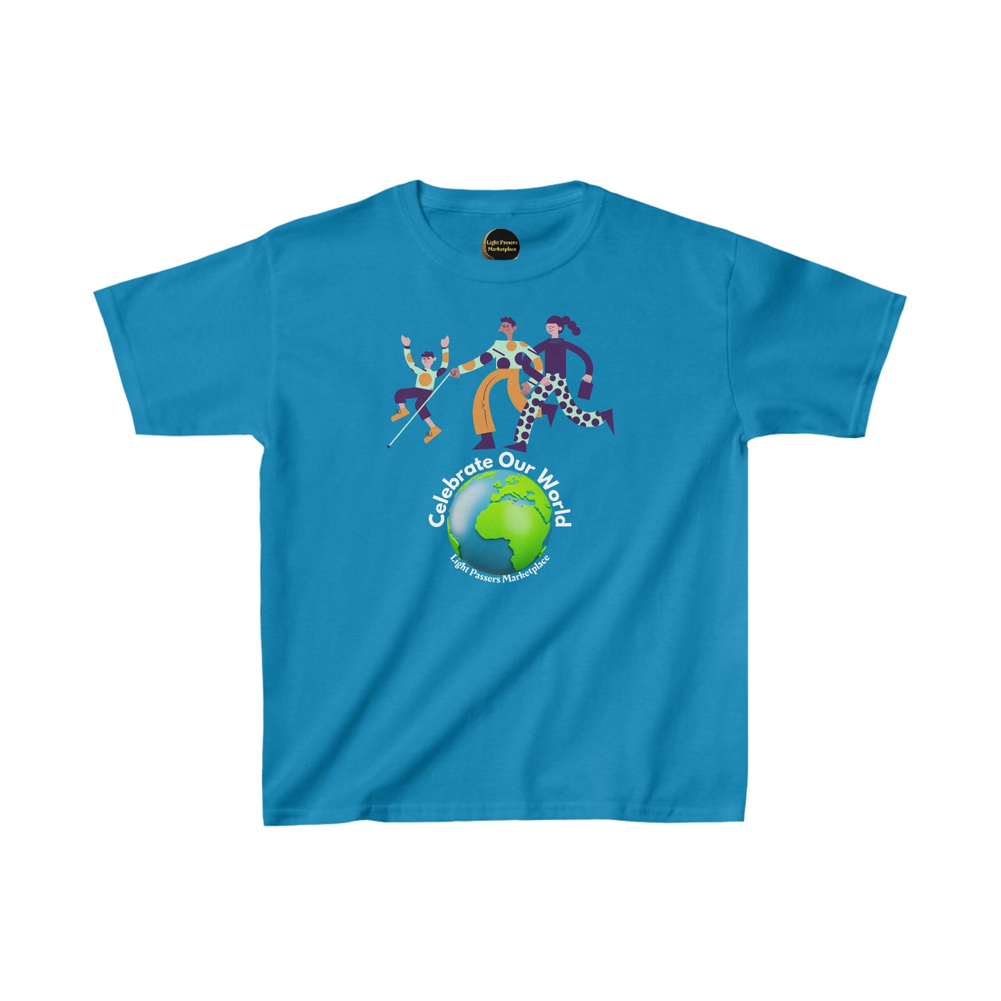 A blue youth t-shirt featuring a diverse group of people dancing and engaging in various activities. Made of 100% cotton with twill tape shoulders for durability and ribbed collar for curl resistance.