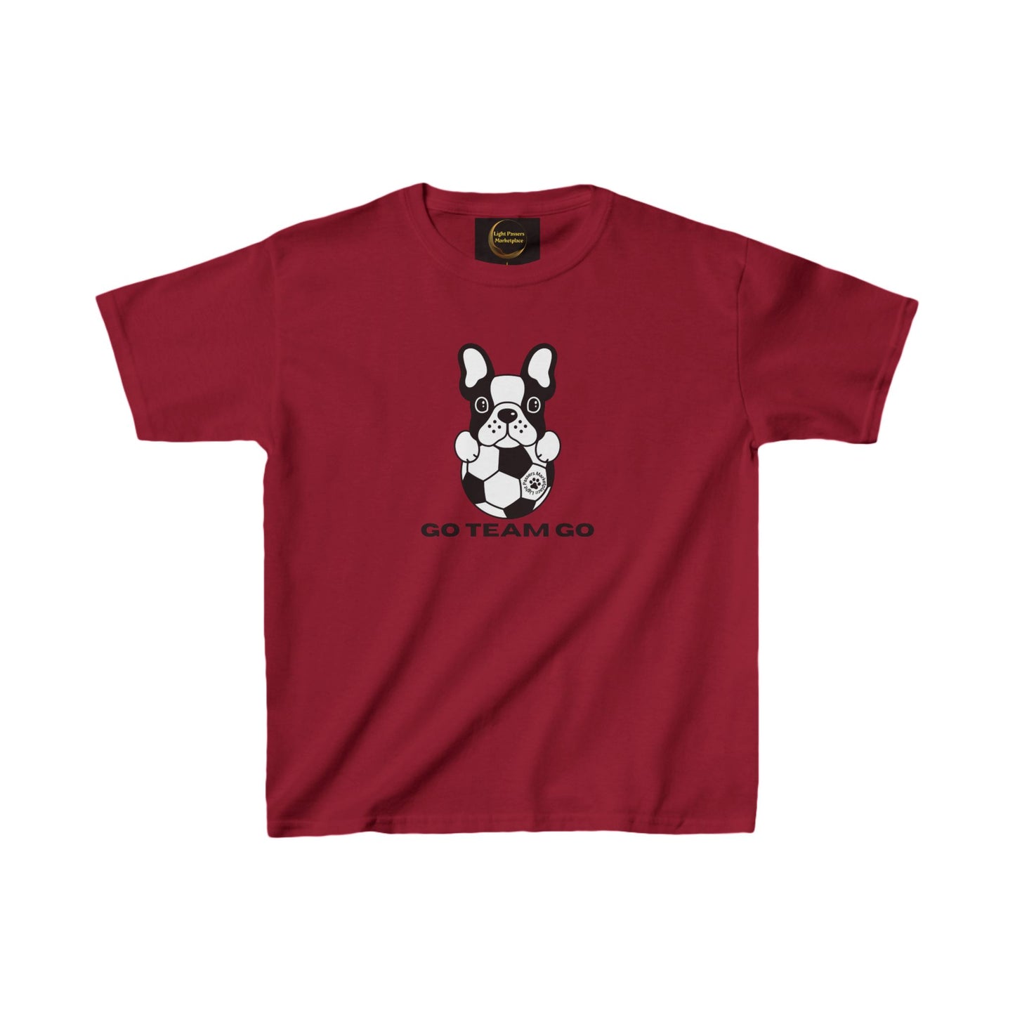 Teams Soccer Dog Go Team Go Youth T-shirt featuring a black and white dog with a soccer ball, ideal for young soccer fans.
