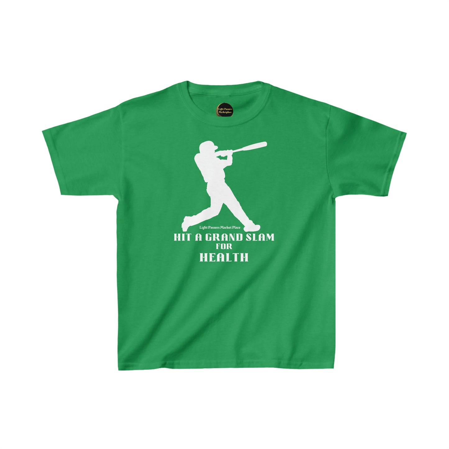 Youth green shirt with white baseball player silhouette, made of 100% cotton for comfort and durability. Features twill tape shoulders and curl-resistant collar for everyday wear.