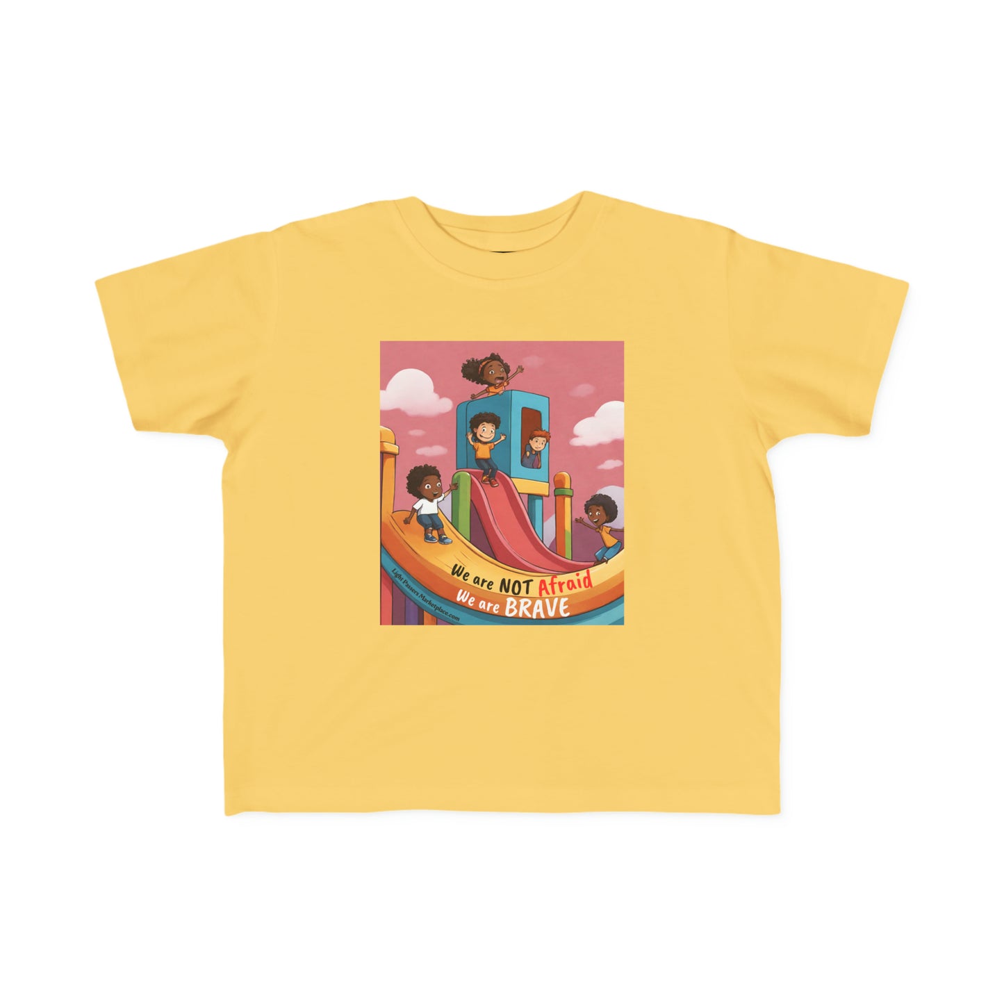 A yellow toddler t-shirt featuring cartoon characters, ideal for sensitive skin. Made of 100% combed, ring-spun cotton, light fabric, durable print, tear-away label, and a classic fit.