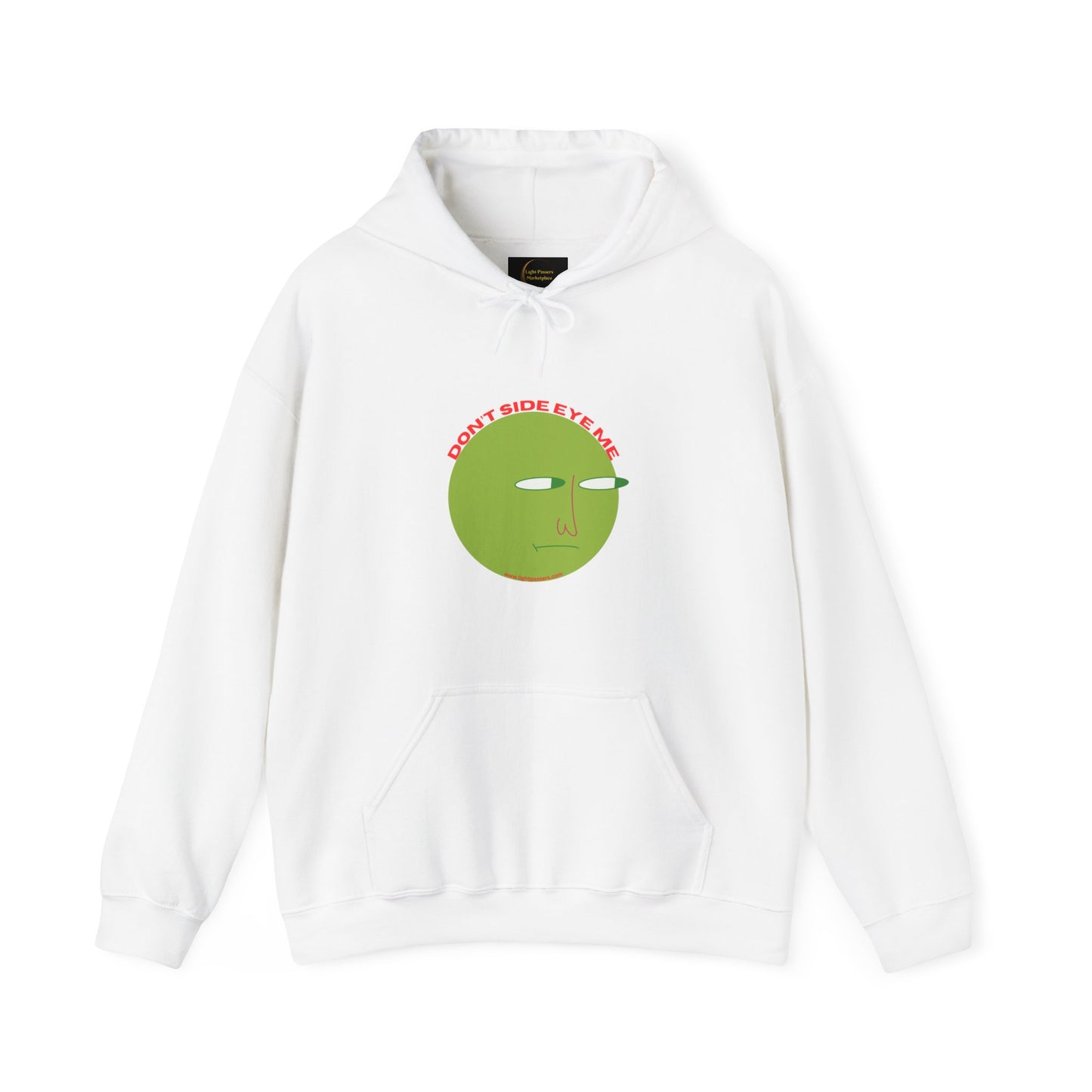 A white hooded sweatshirt featuring a green face design, made of a cozy cotton-polyester blend. Includes a kangaroo pocket and color-matched drawstring for style and comfort.