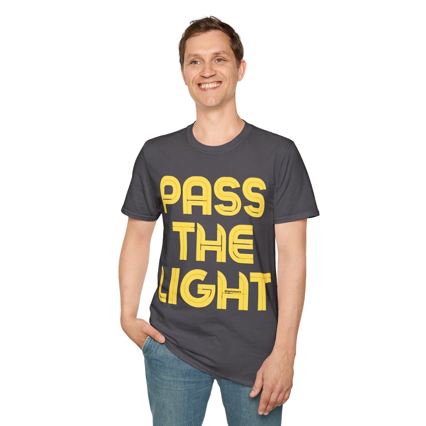 A smiling man in a grey PASS THE LIGHT Unisex T-shirt. No side seams for comfort. 100% cotton, medium fabric, classic fit. Durable with shoulder tape.