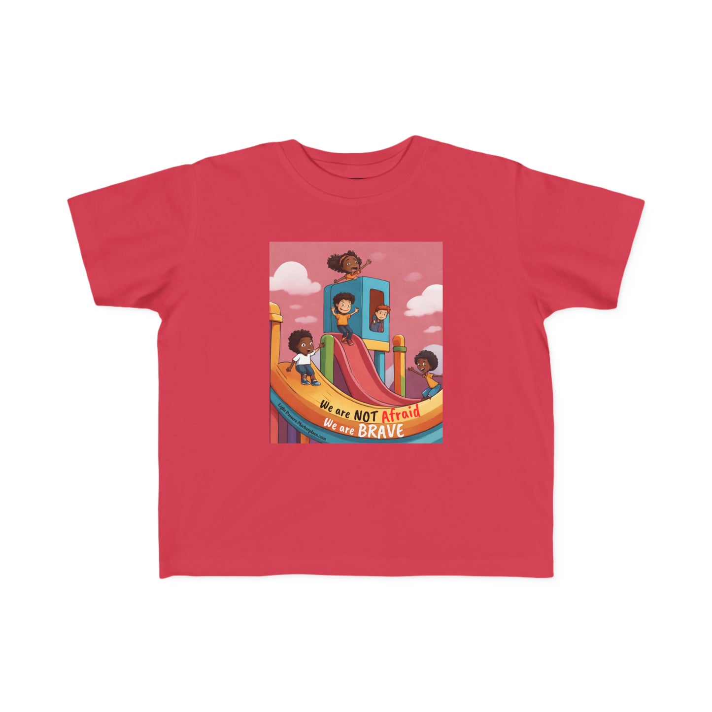 A red toddler tee featuring cartoon characters, ideal for sensitive skin. Made of 100% combed cotton, light fabric, durable print, tear-away label, and a classic fit.