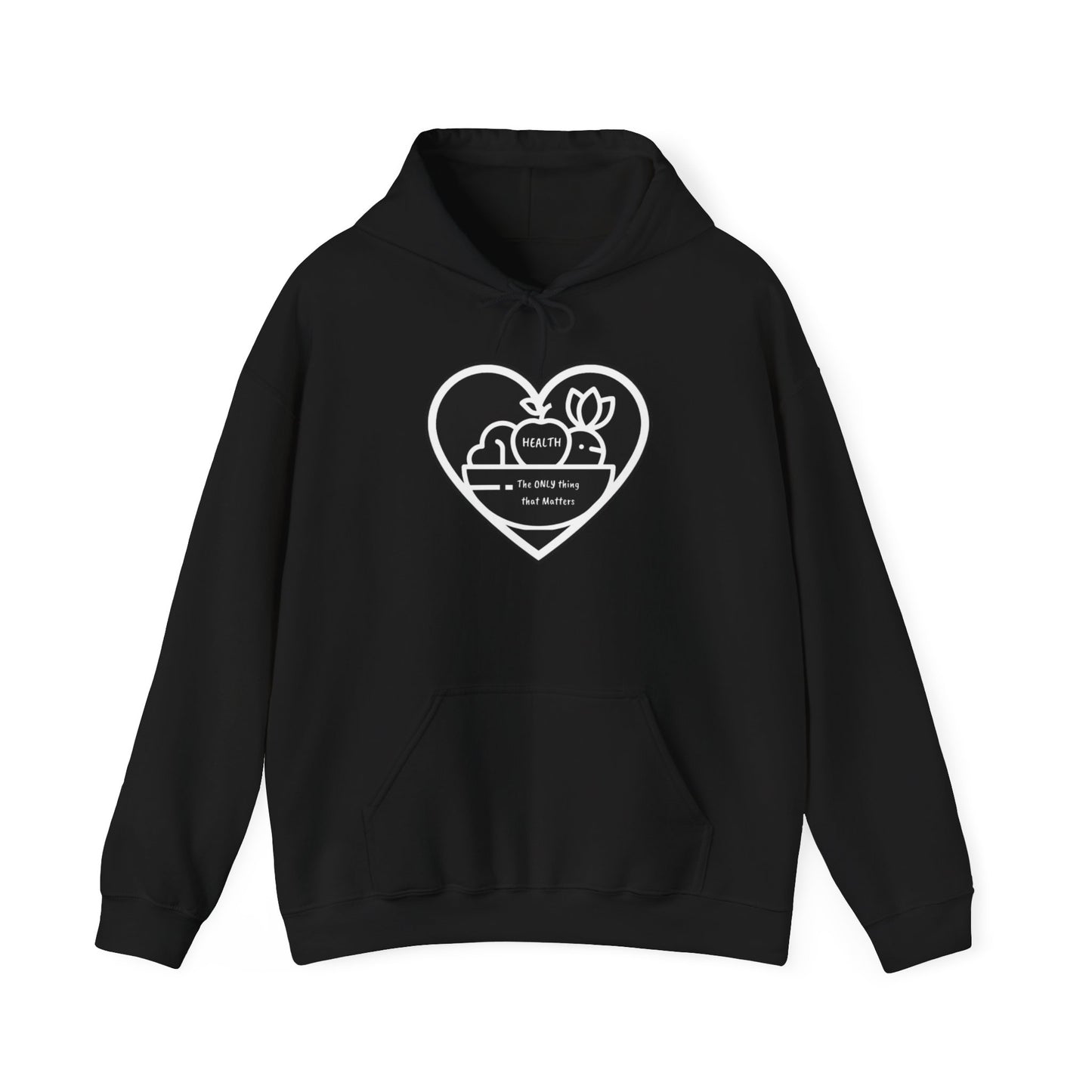 Health Happy Foods Fruit Basket Adult Unisex Hoodie featuring a heart design with a fruit graphic on a plush, cozy black sweatshirt, complete with a kangaroo pocket.