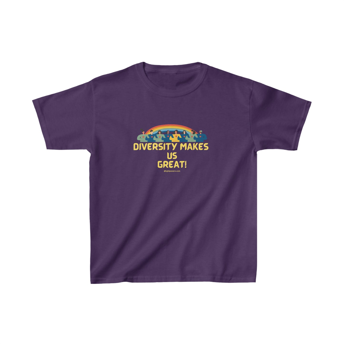 A purple youth t-shirt with yellow text, showcasing a group of people and a rainbow design. Made of 100% cotton, featuring twill tape shoulders and a curl-resistant collar. Ideal for everyday wear.