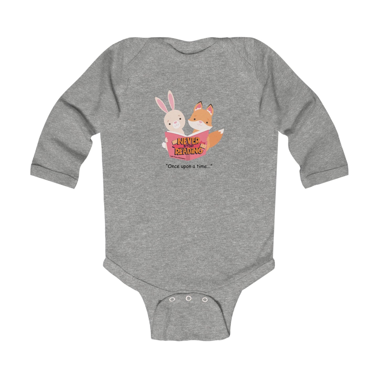 Never Stop Reading Long Sleeve Baby Bodysuit featuring cartoon fox and rabbit reading a book, soft fabric, ribbed bindings, and plastic snaps for easy changing.