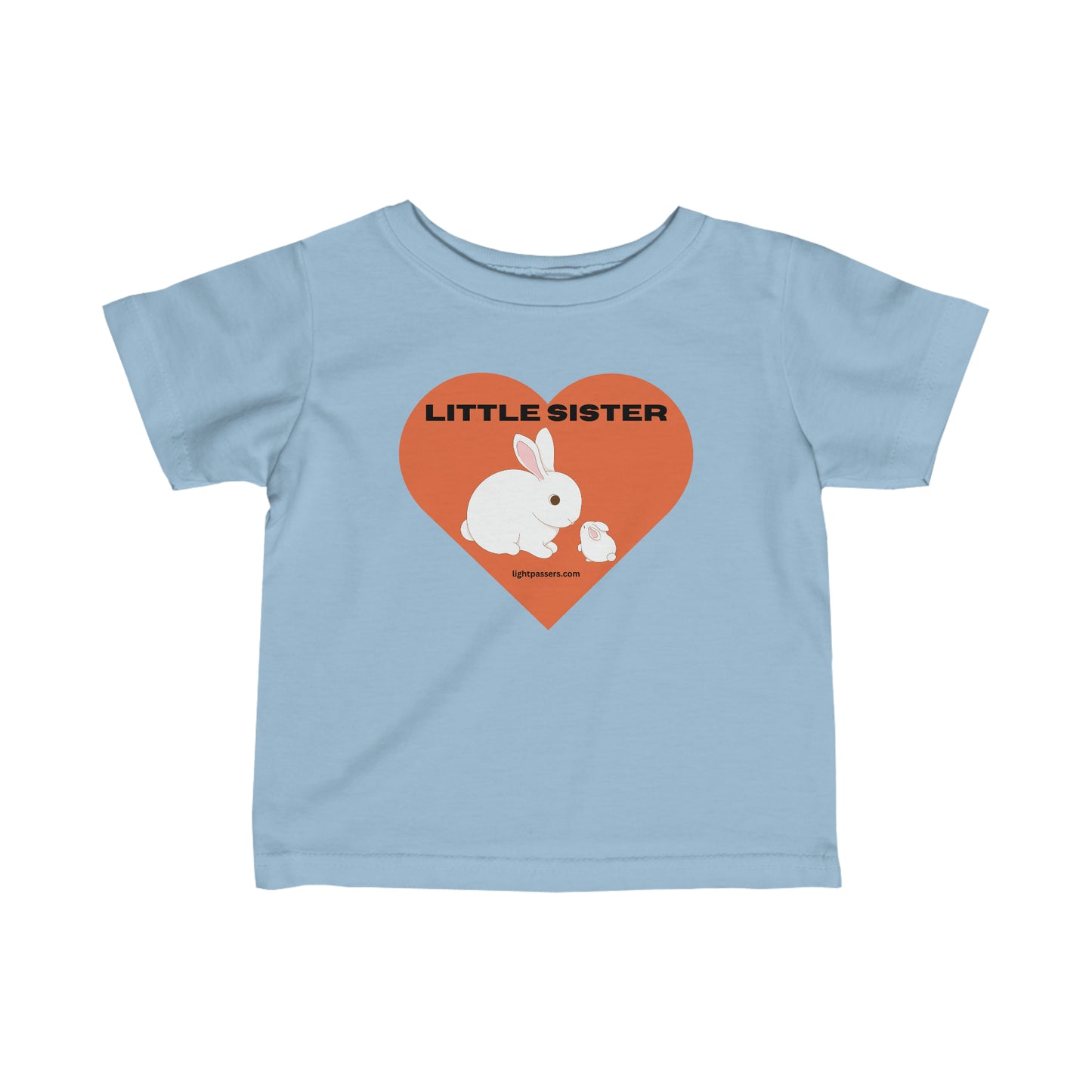Infant fine jersey tee with a rabbit and heart design, ribbed knitting for durability, taped shoulders for comfort. 100% Combed ringspun cotton, light fabric, classic fit. Little Sister Baby T-shirts.