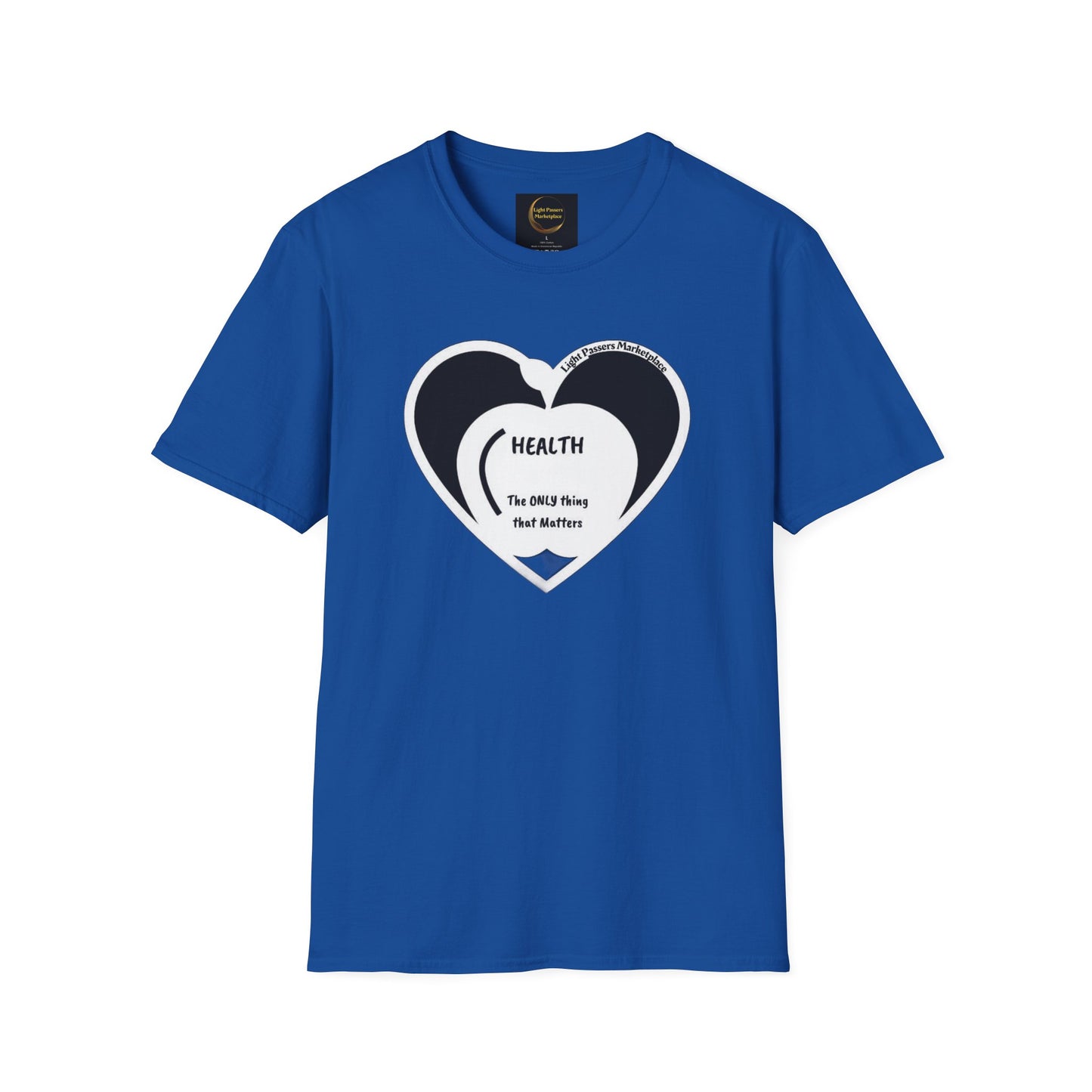 Health Happy Food Apple Adult Unisex T-Shirt features a blue design with a heart graphic, offering soft cotton comfort and durability for casual versatility.