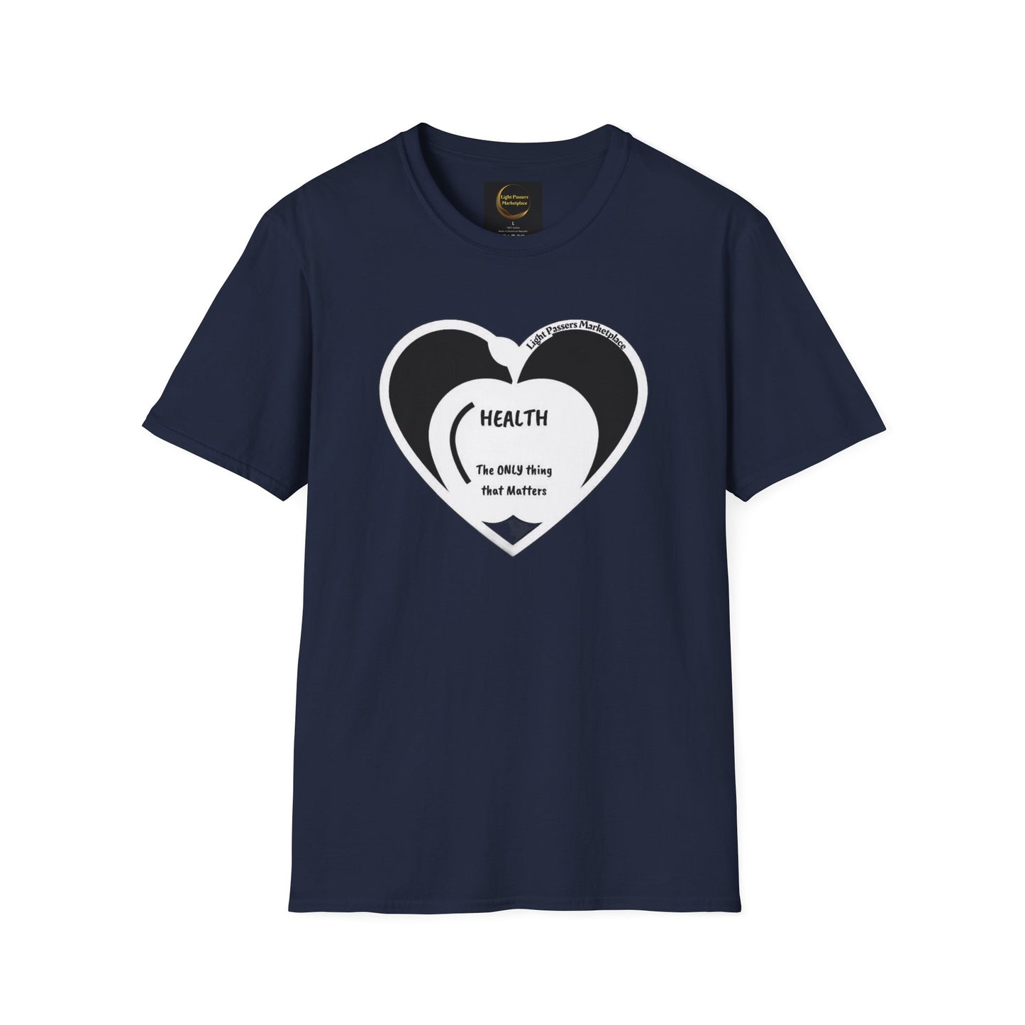 Health Happy Food Apple Adult Unisex T-Shirt featuring a heart design on the front, highlighting its soft, durable cotton fabric and classic crew neckline.