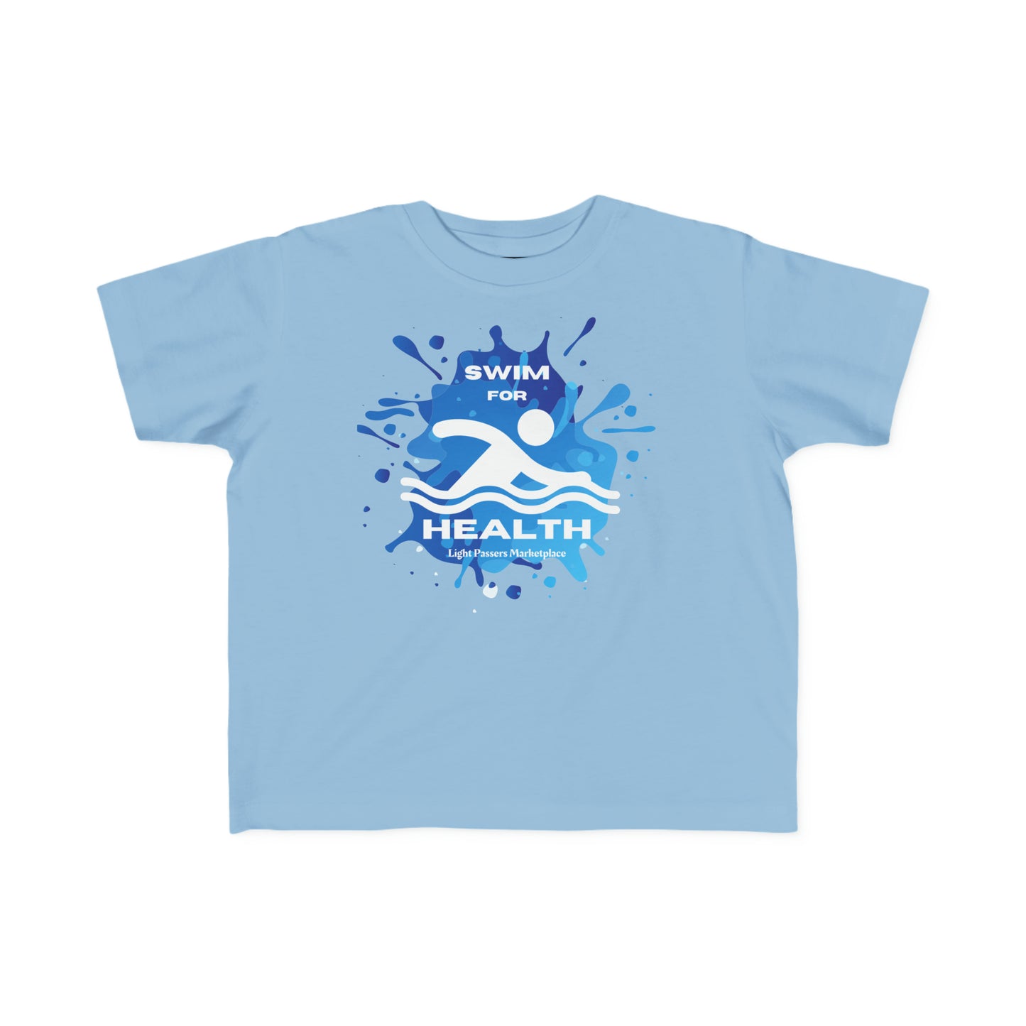 A toddler's blue tee featuring a swim competition logo and paint splashes. Made of soft, durable 100% cotton, perfect for sensitive skin. Classic fit, tear-away label, true to size.