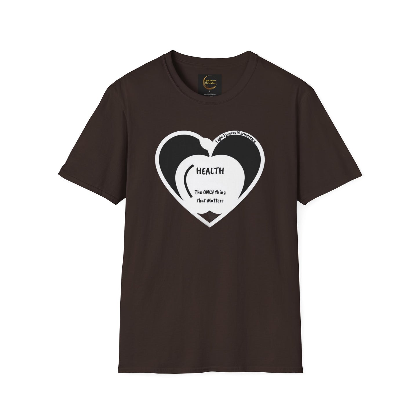 Health Happy Food Apple Adult Unisex T-Shirt featuring a white heart design on a brown background, made from soft, durable, ethically-sourced cotton for casual comfort.
