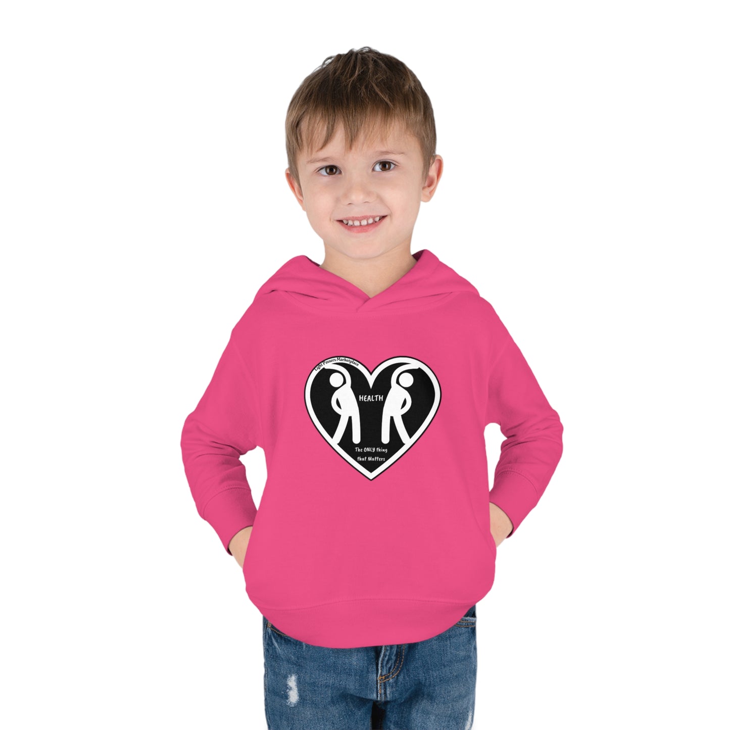 A boy in a pink hoodie with hands in pockets, showcasing a toddler hoodie sweatshirt for active play. Made of 60% cotton, 40% polyester, with side-seam pockets and EasyTear™ label.
