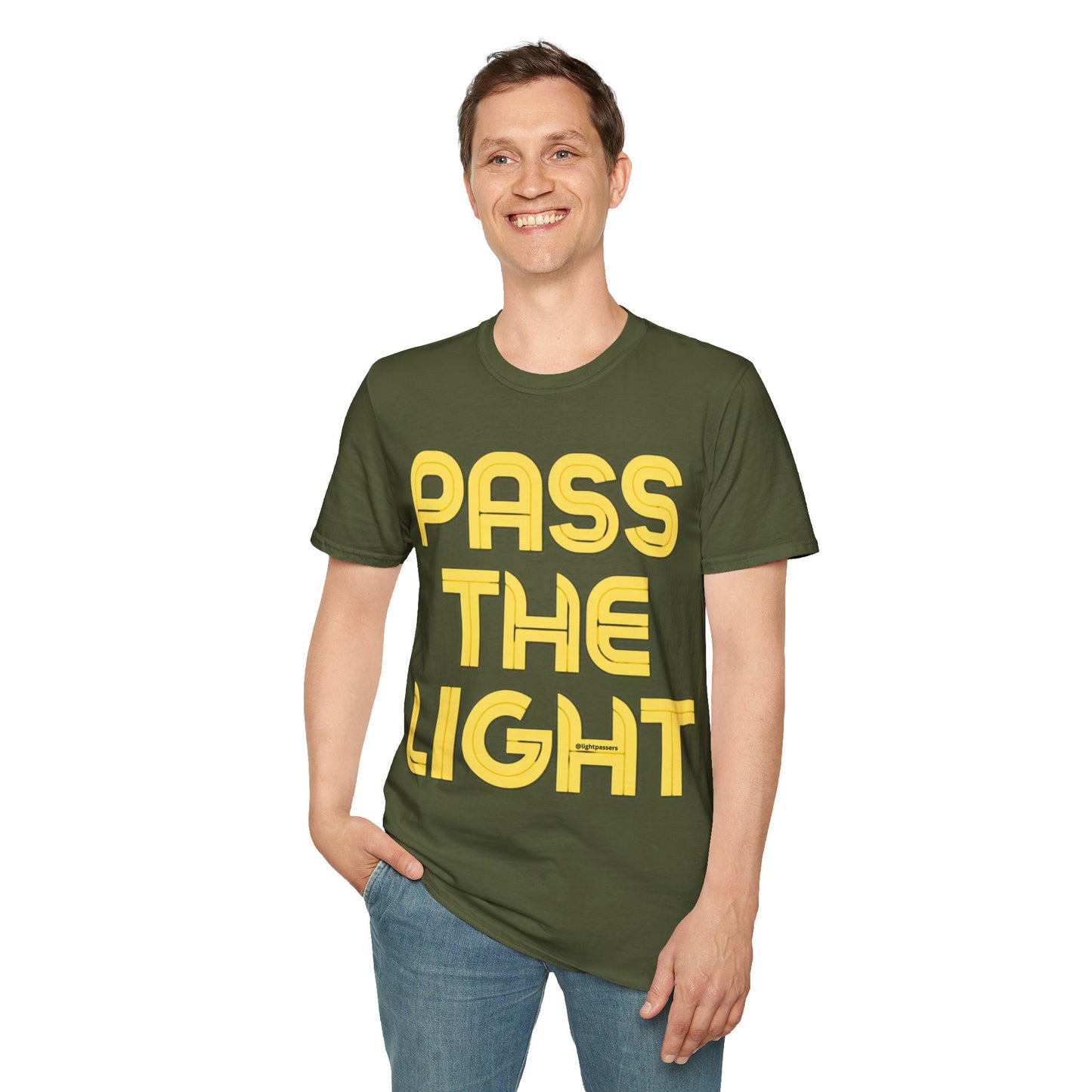A smiling man in a green PASS THE LIGHT unisex T-shirt. No side seams for comfort. 100% cotton, medium fabric, classic fit. Shoulder tape for durability.