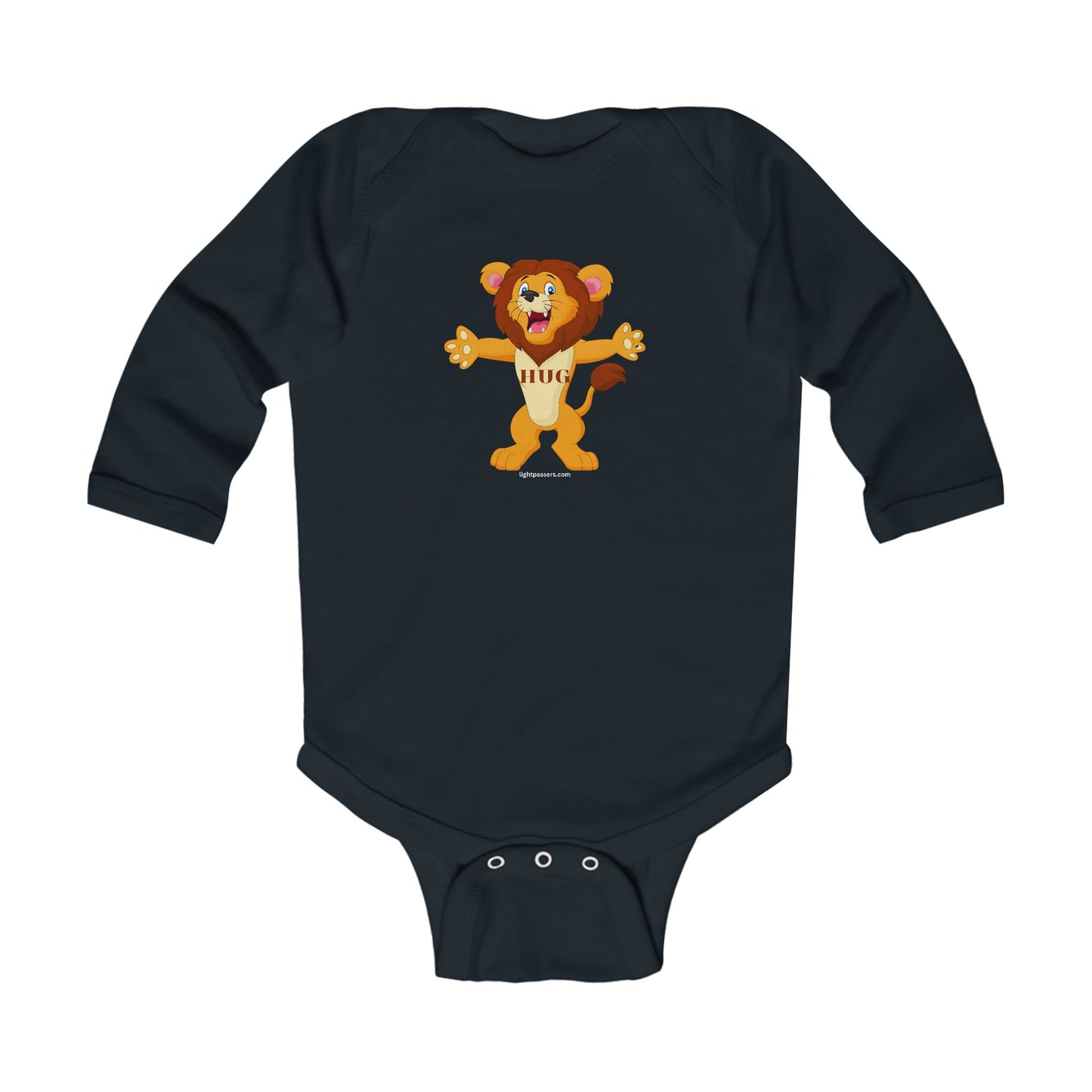 Lion Hug Baby Infant Long Sleeve Onesie Bodysuit featuring a cartoon lion, designed for comfort with durable ribbed knitting and easy-change plastic snaps.