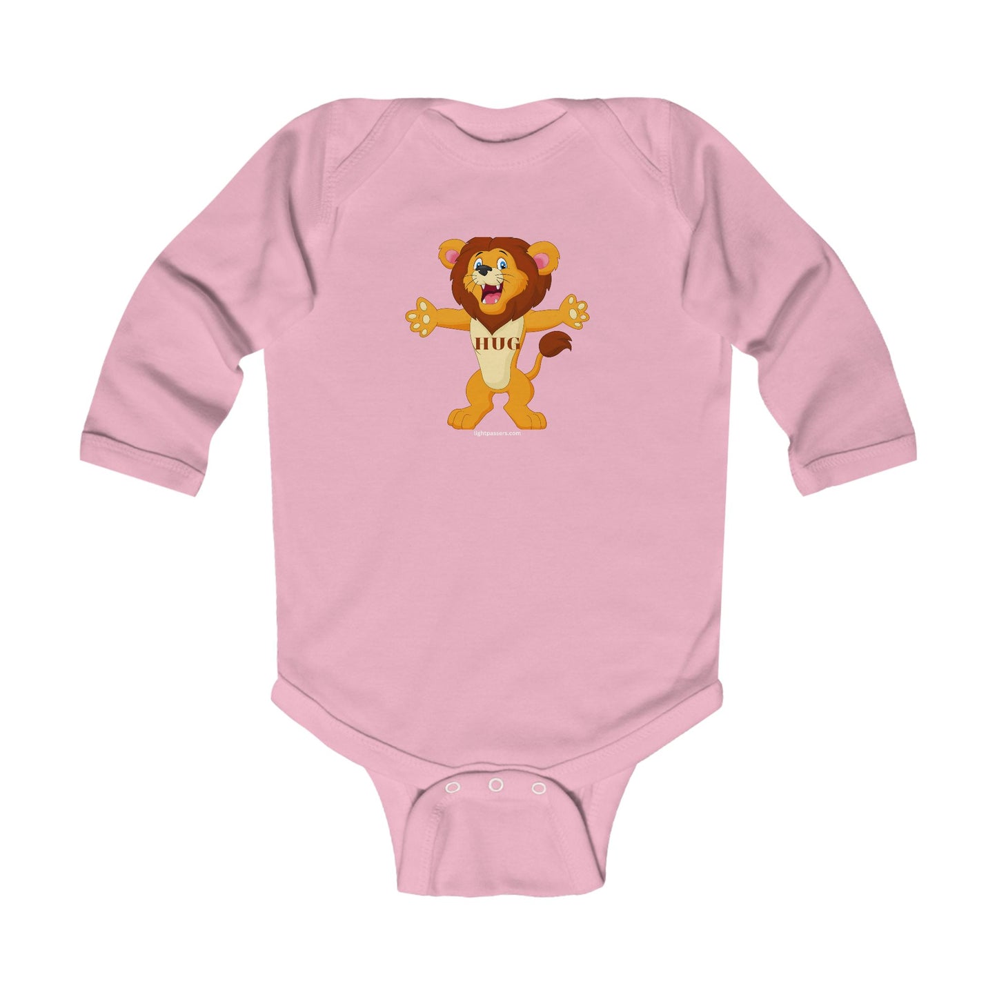 Lion Hug Baby Infant Long Sleeve Onesie Bodysuit featuring a cartoon lion design, ribbed knitting for durability, and plastic snaps for easy changing.