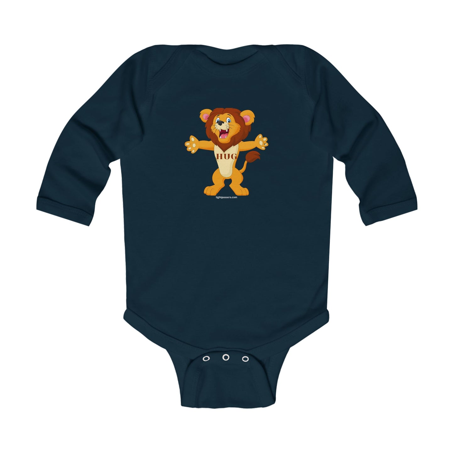 Lion Hug Baby Infant Long Sleeve Onesie Bodysuit featuring a cartoon lion, designed with durable ribbed knitting and plastic snaps for easy changing.