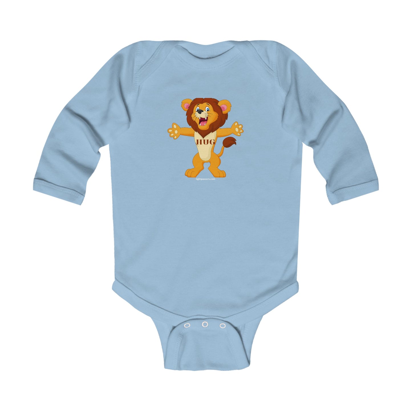 Lion Hug Baby Infant Long Sleeve Onesie Bodysuit featuring a cartoon lion design, long sleeves, and plastic snaps for easy changing, made from soft cotton fabric.