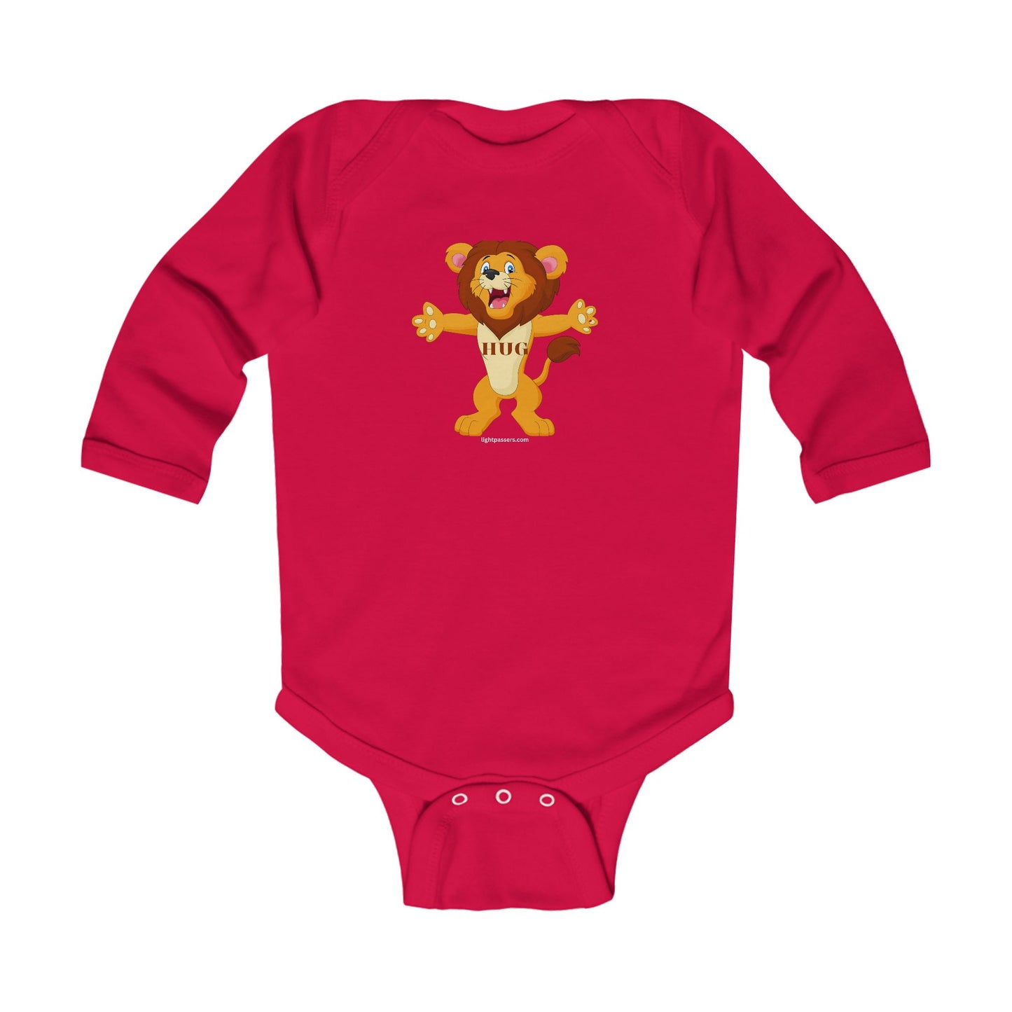 Lion Hug Baby Infant Long Sleeve Onesie Bodysuit featuring a cartoon lion, designed for durability with soft fabric and snap closure for easy changing.