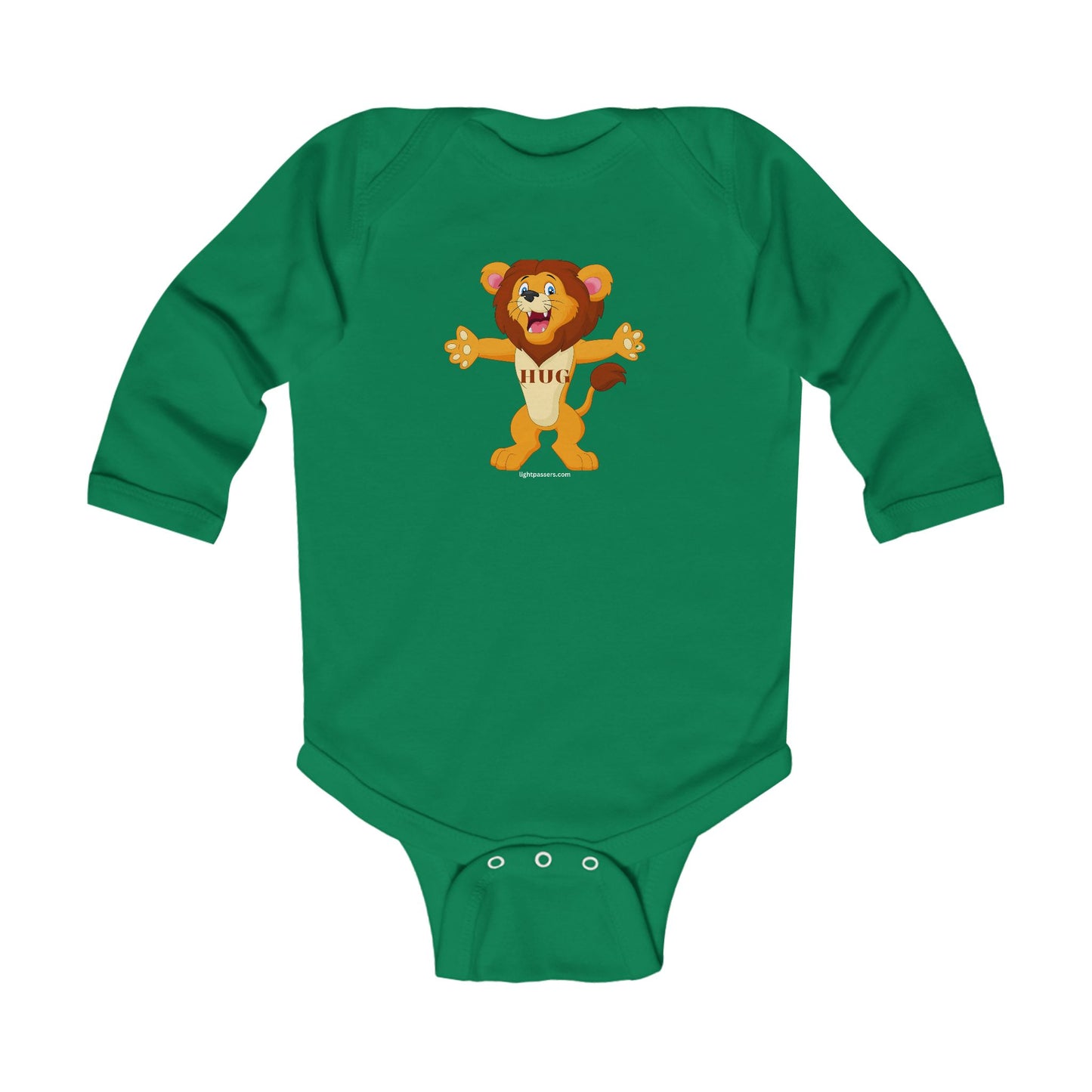 Lion Hug Baby Infant Long Sleeve Onesie Bodysuit featuring a cartoon lion, designed for comfort with smooth fabric and plastic snaps for easy changing.