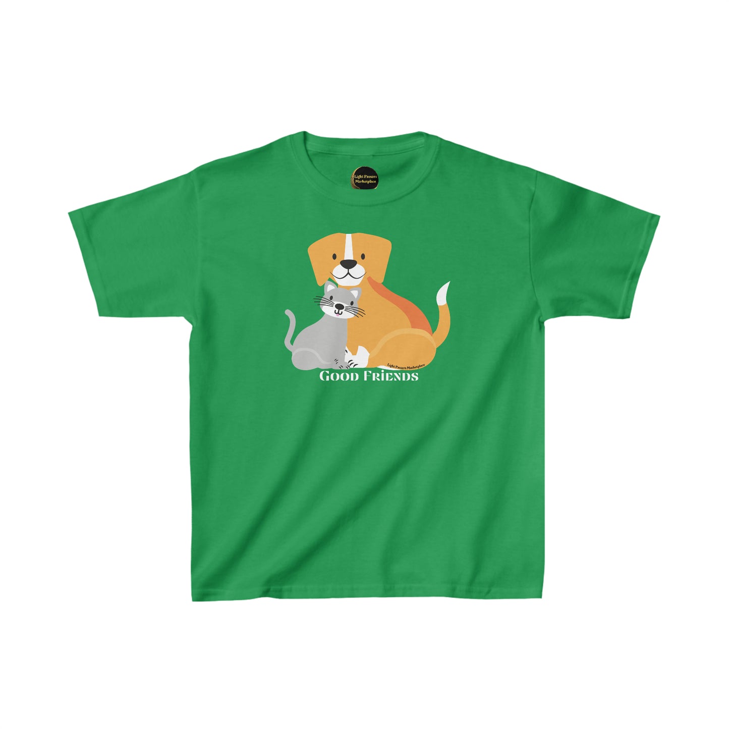 Youth cotton t-shirt featuring a cat and dog design. Made of 100% cotton for solid colors, with twill tape shoulders for durability. Ribbed collar for curl resistance. Ethically sourced and Oeko-Tex certified.