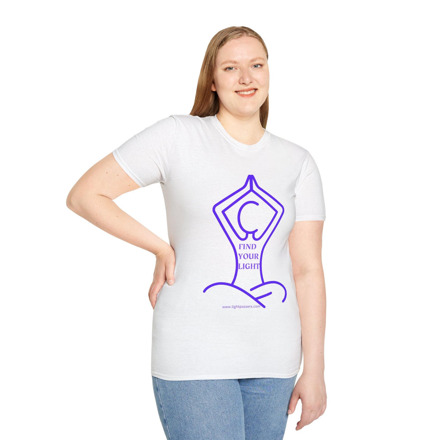 Woman wearing a Health The Light Yoga Find Your Light Adult Unisex T-shirt, featuring a purple design, posing in casual jeans, embodying a relaxed, meditative vibe.