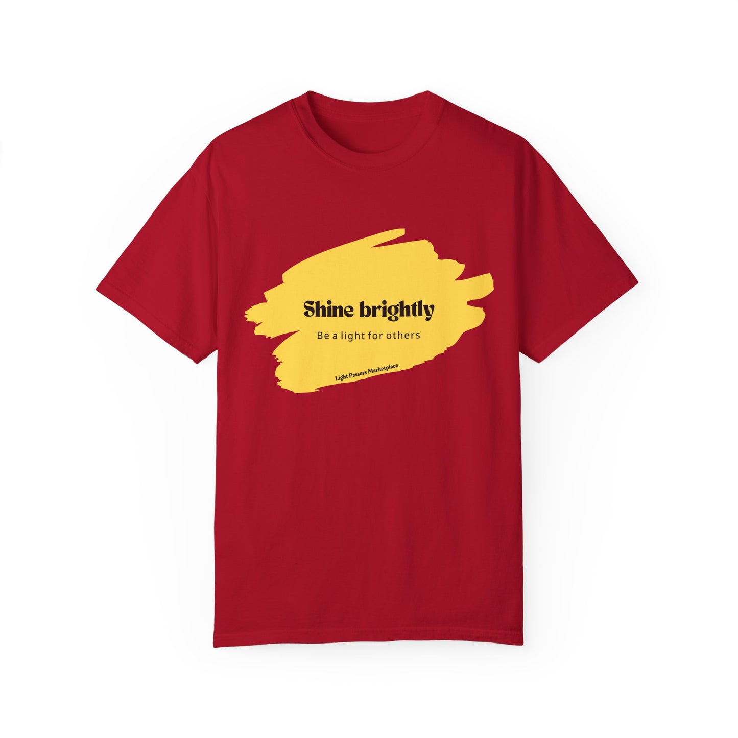 The Light Shine Brightly for Others Inspirational Design Adult Unisex T-shirt, featuring bold yellow text on a red background, relaxed fit, crew neckline.