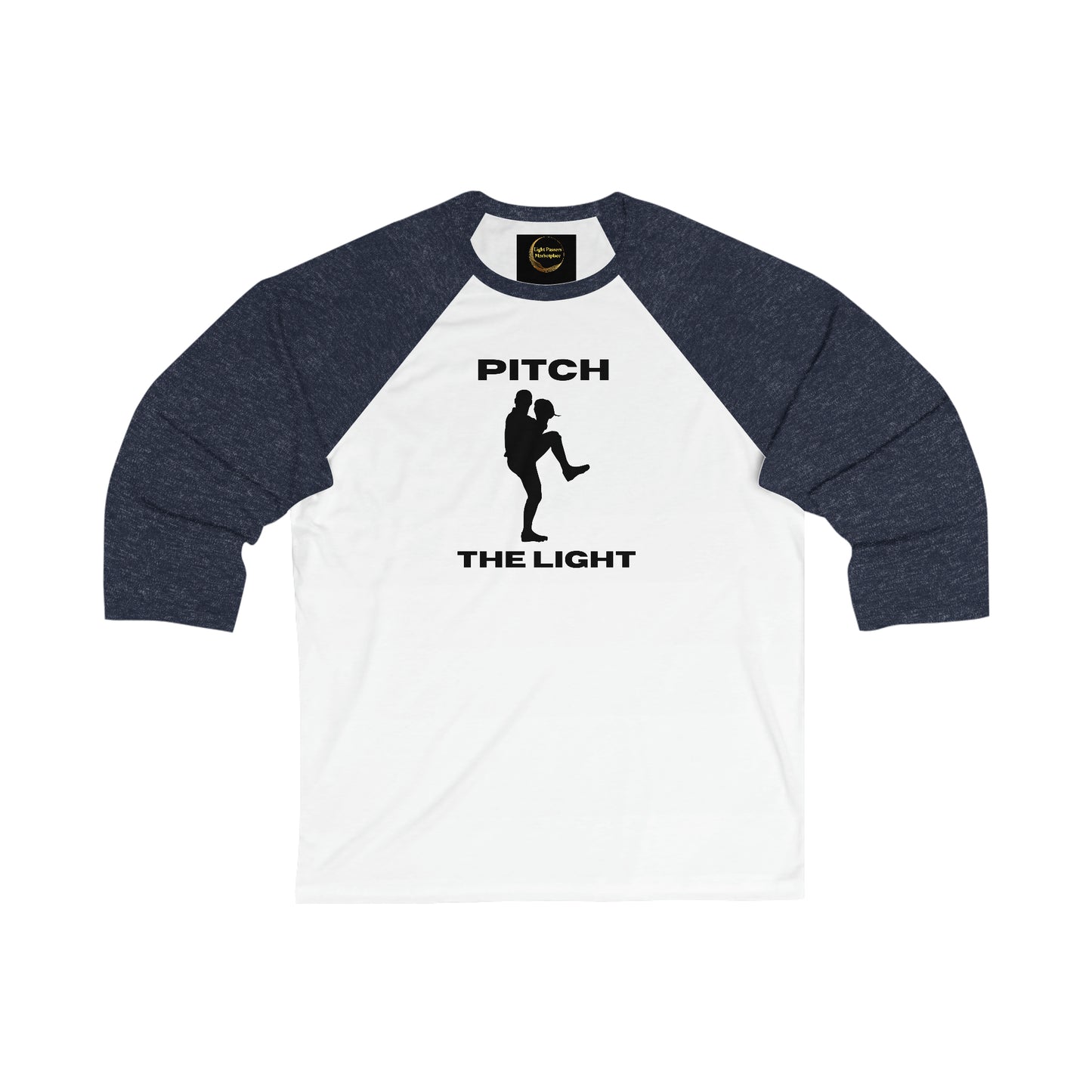 Unisex 3/4 sleeve baseball tee with black text logo, silhouette of a person kicking, and man holding a baseball bat. Ribbed collar, lightweight fabric, modern fit.