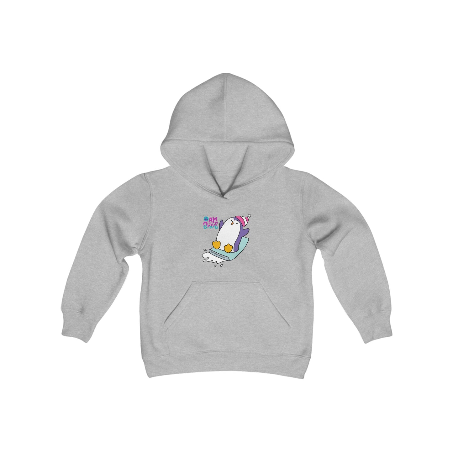 Brave Penguin Youth Hoodie with cartoon penguin on sled, featuring a spacious kangaroo pocket and twill necktape for comfort and durability.