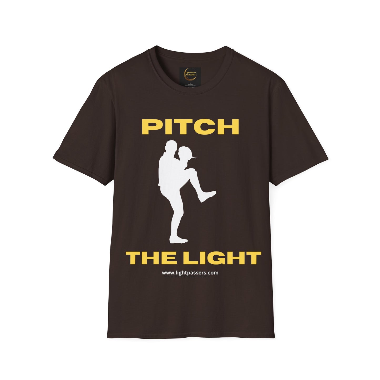 Unisex t-shirt featuring PITCH THE LIGHT yellow lettering, a baseball player graphic, and a man silhouette. Made of soft 100% cotton with twill tape shoulders and no side seams for durability.