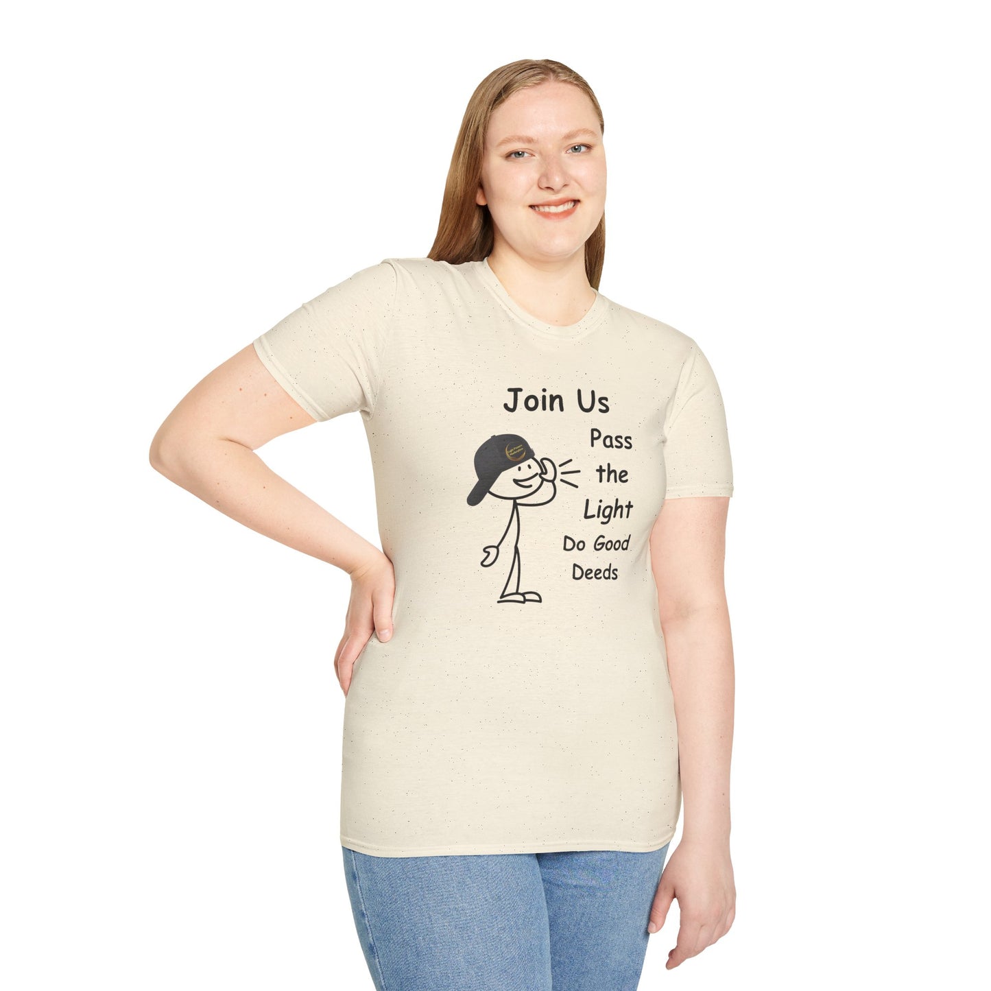 A woman in a white shirt smiling, wearing a t-shirt with a cartoon character, and posing for a picture. Unisex soft-style t-shirt made of 100% ring-spun cotton, lightweight and comfortable for all occasions.