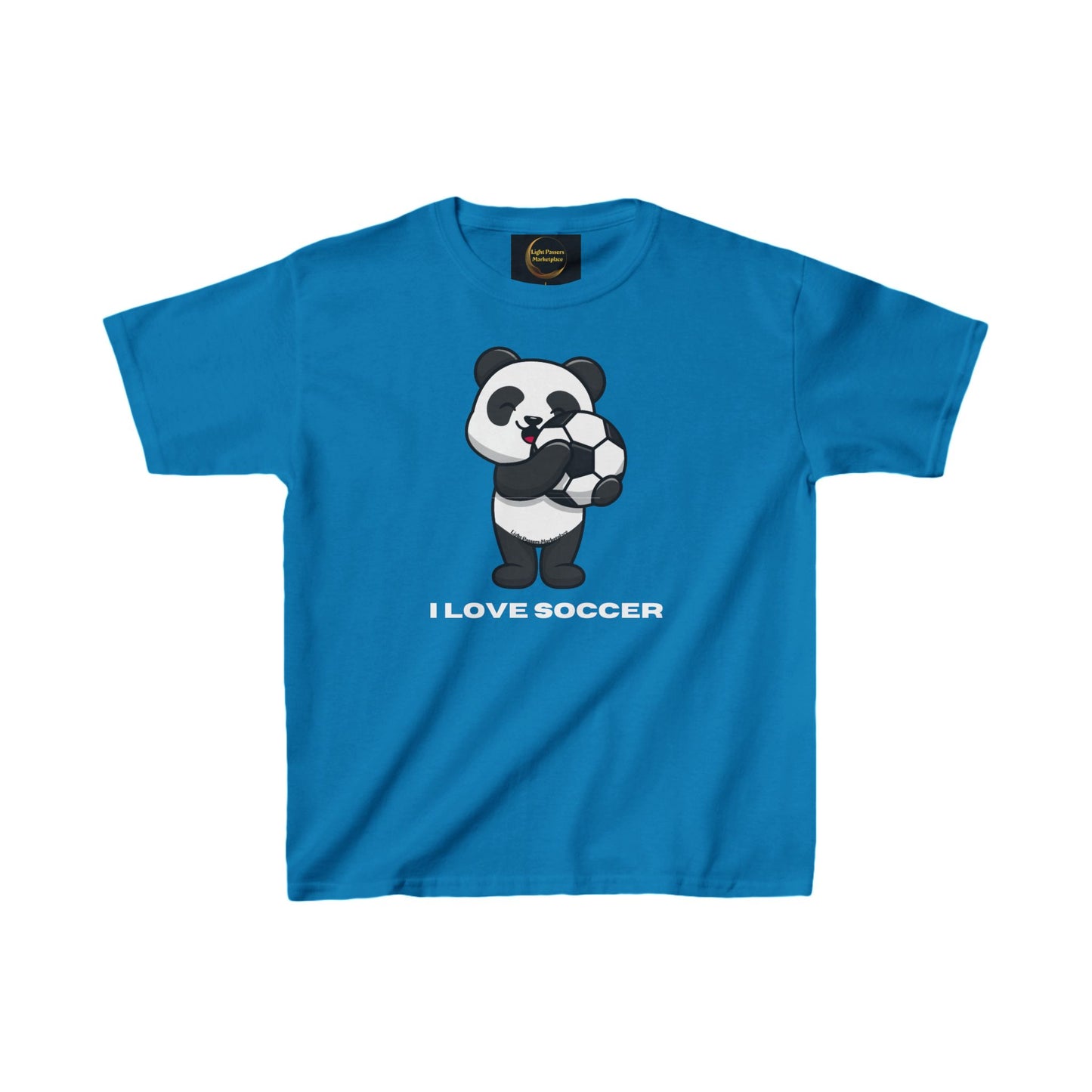 Teams Panda I Love Soccer Youth T-shirt featuring a cartoon panda holding a soccer ball, made of 100% midweight cotton, ideal for young soccer fans.
