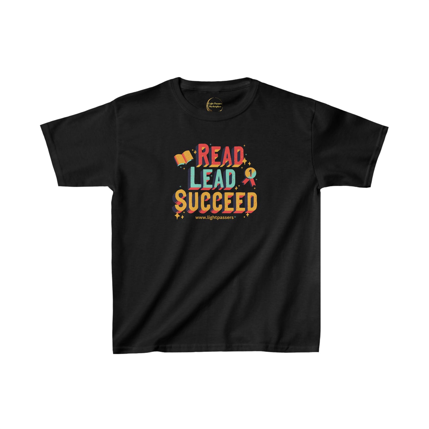 A youth t-shirt featuring Read Lead and Succeed text. 100% cotton, tear-away label, midweight fabric, classic fit, durable twill tape shoulders, and curl-resistant ribbed collar.