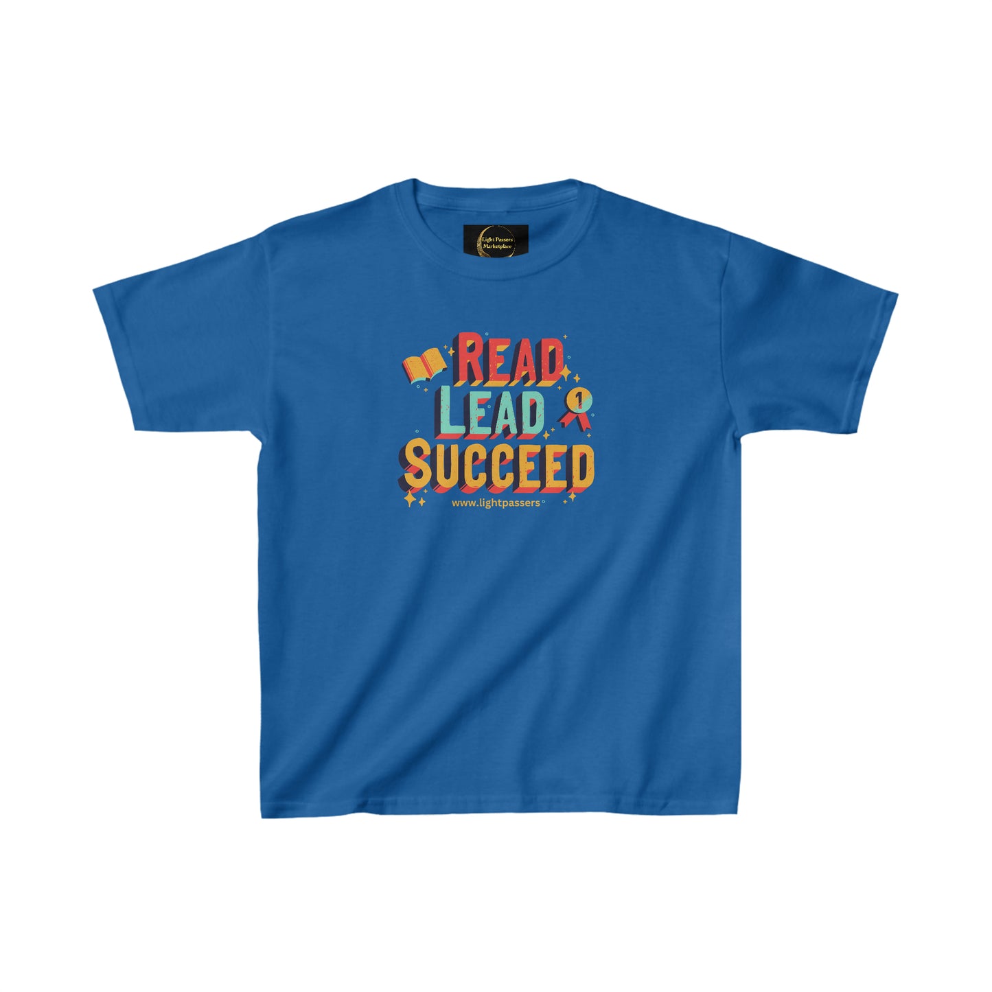 Youth blue t-shirt with colorful Read Lead and Succeed text. 100% cotton, durable twill tape shoulders, ribbed collar, no side seams. Ideal for everyday wear.